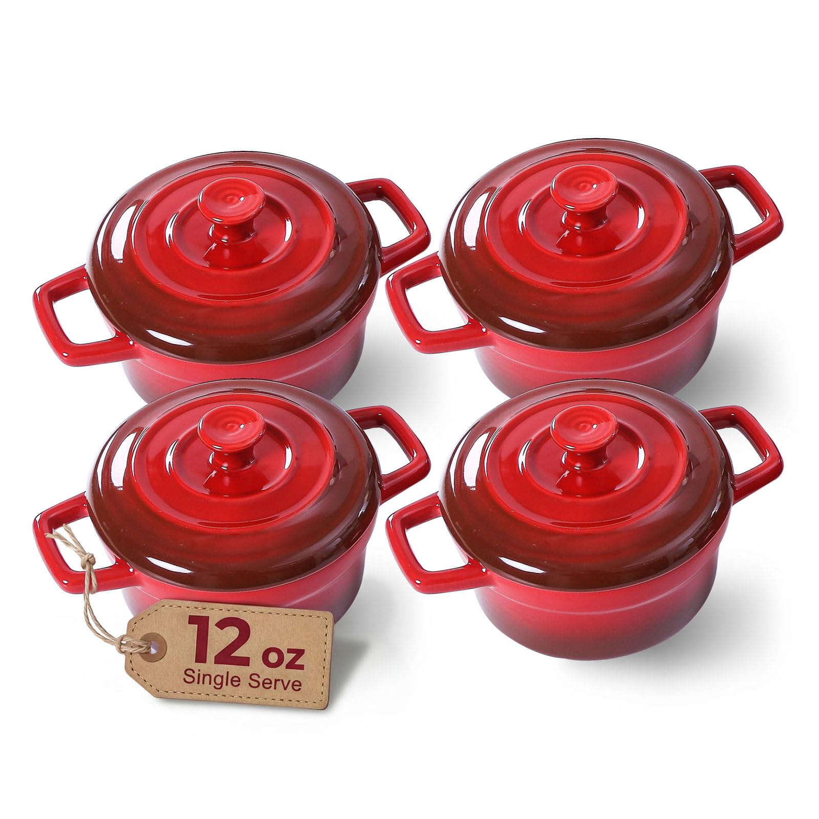Lareina Mini Cocotte 12oz Ceramic Casserole Dish Set with Lid, Red