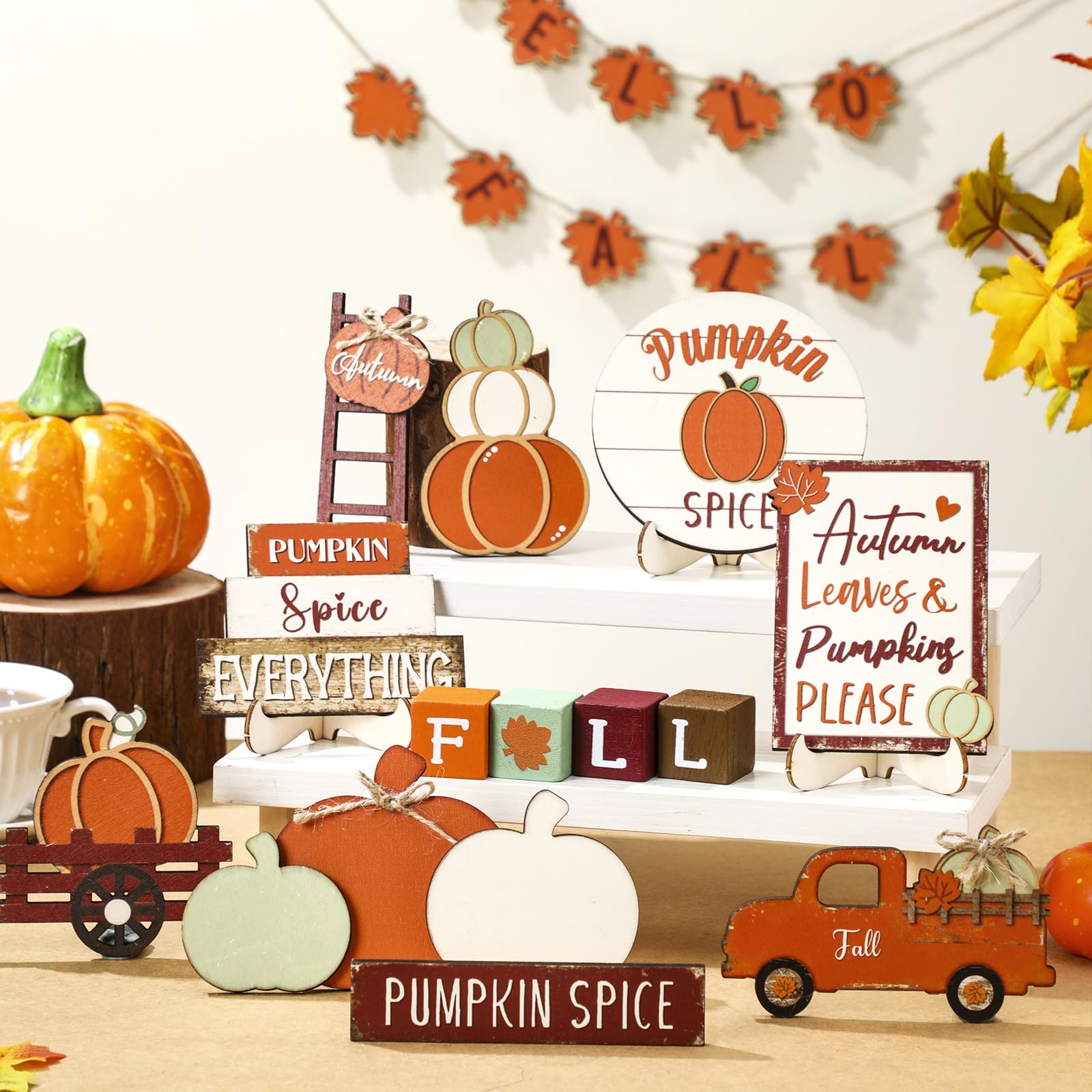 Maitys 21 Pcs Thanksgiving Tiered Tray Decor Set Fall Pumpkin Gnome Truck Scarecrow Wood Sign Rustic Farmhouse Decor Hello Fall