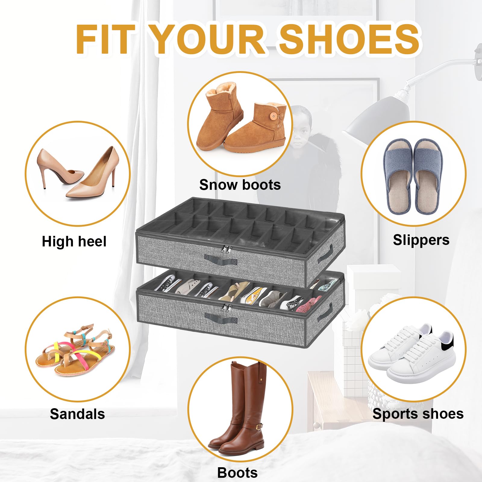 Under Bed Shoe Storage Organizer Fits 16 Pairs Shoes and 4 Pairs Boots, Underbed Shoe Storage Boxes Bins, Organizador De Zapatos