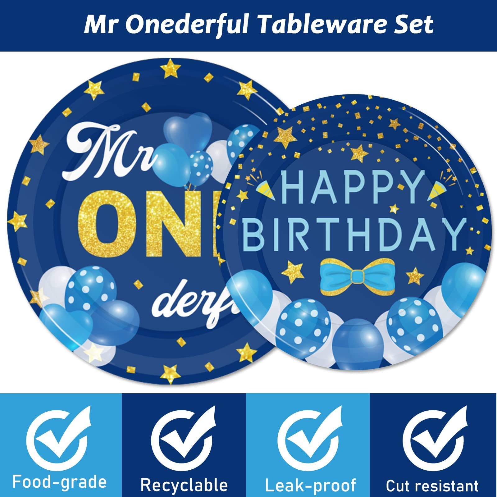 98 Pieces Mr Onederful 1St Birthday Party Decorations Boy 1St Birthday Tableware Set Blue Tablecloth Plates Party Supplies Kit F
