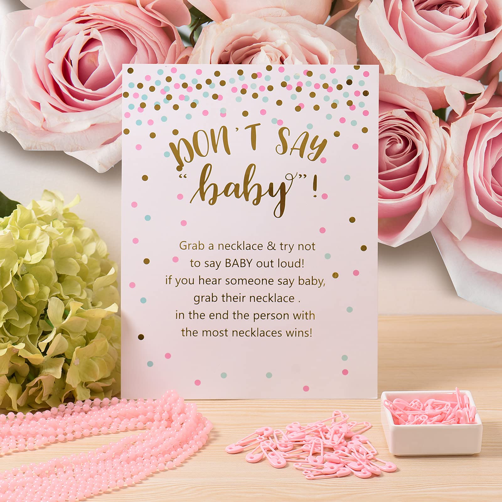 Zjjzgyxintai Baby Shower Games For Girl, Including 1 Dont Say Baby Sign And 24Pcs Pink Beaded Necklace 72Pcs Pink Mini Pin