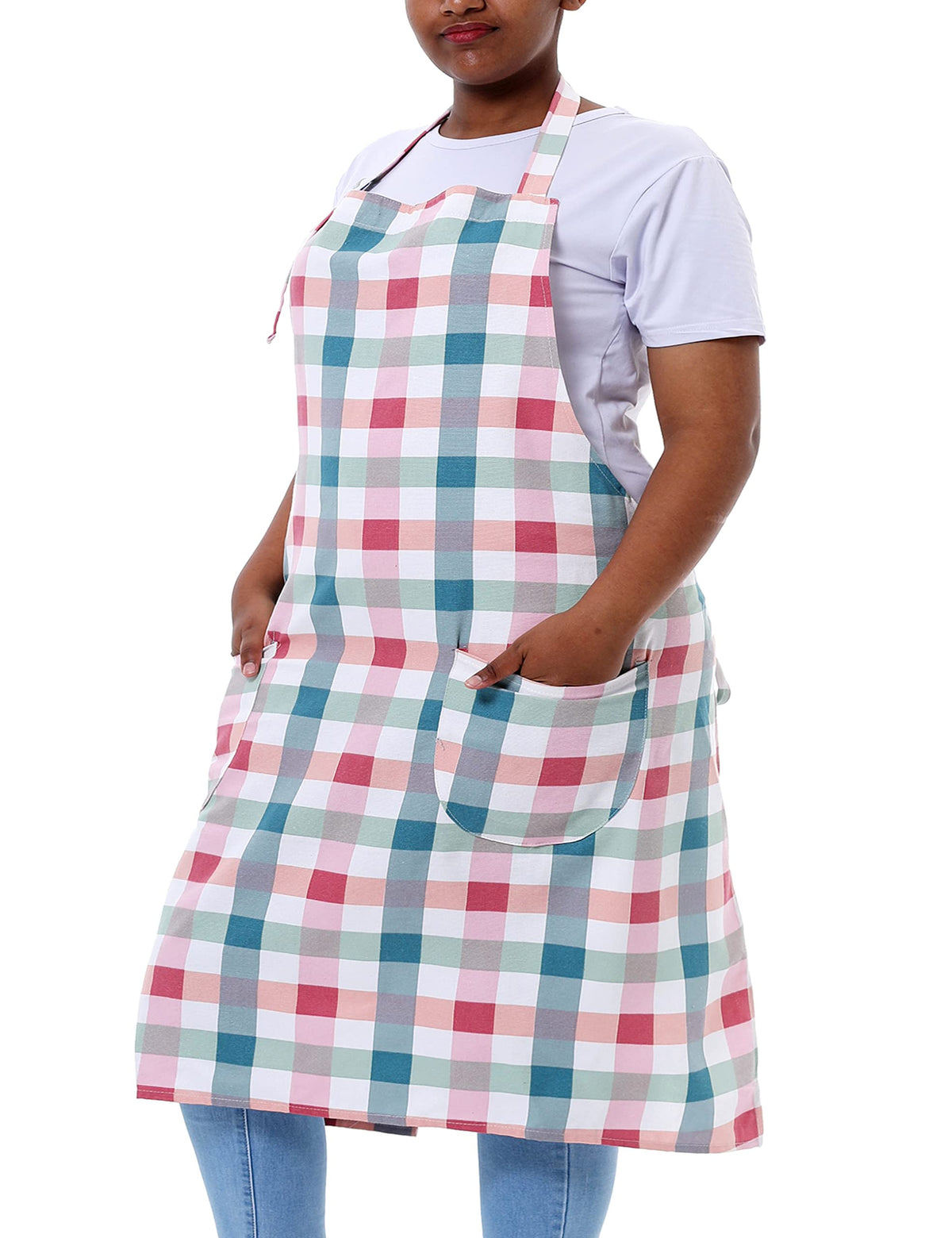 Cotton Linen Baking Plus Size Aprons For Women With Pockets Kitchen Cooking Pink Grid