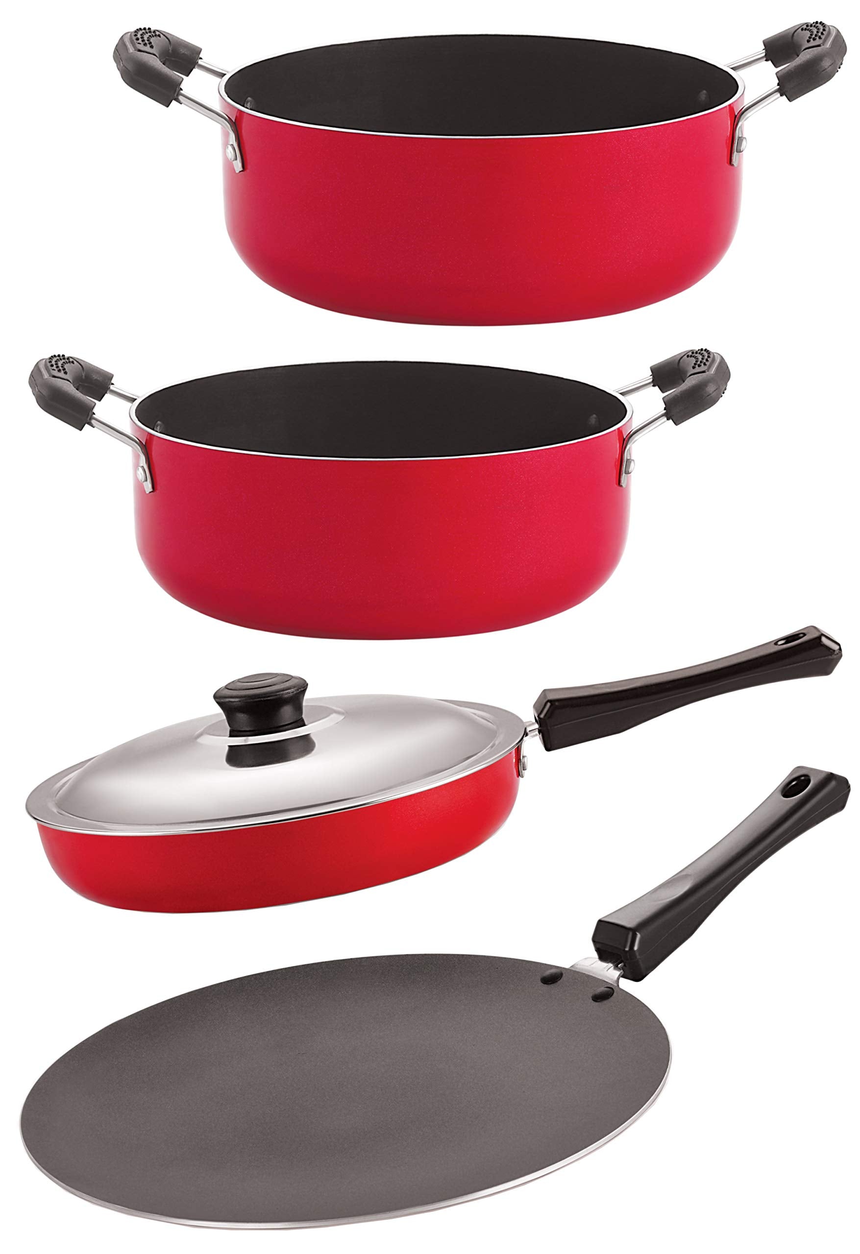 Nirlon Kitchen Non Stick Cookware Gift Sets,4 Pieces (Red & Black) (Ct12_Fp12_Cs26_Cs24)