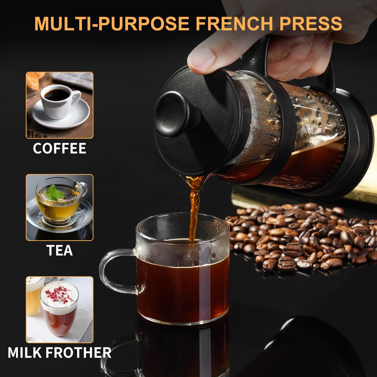 Paracity French Press Coffee/Tea Maker, Camping Mini Coffee/Tea Press Of 304 Stainless Steel Filter And Heat Resistant Glass, Co