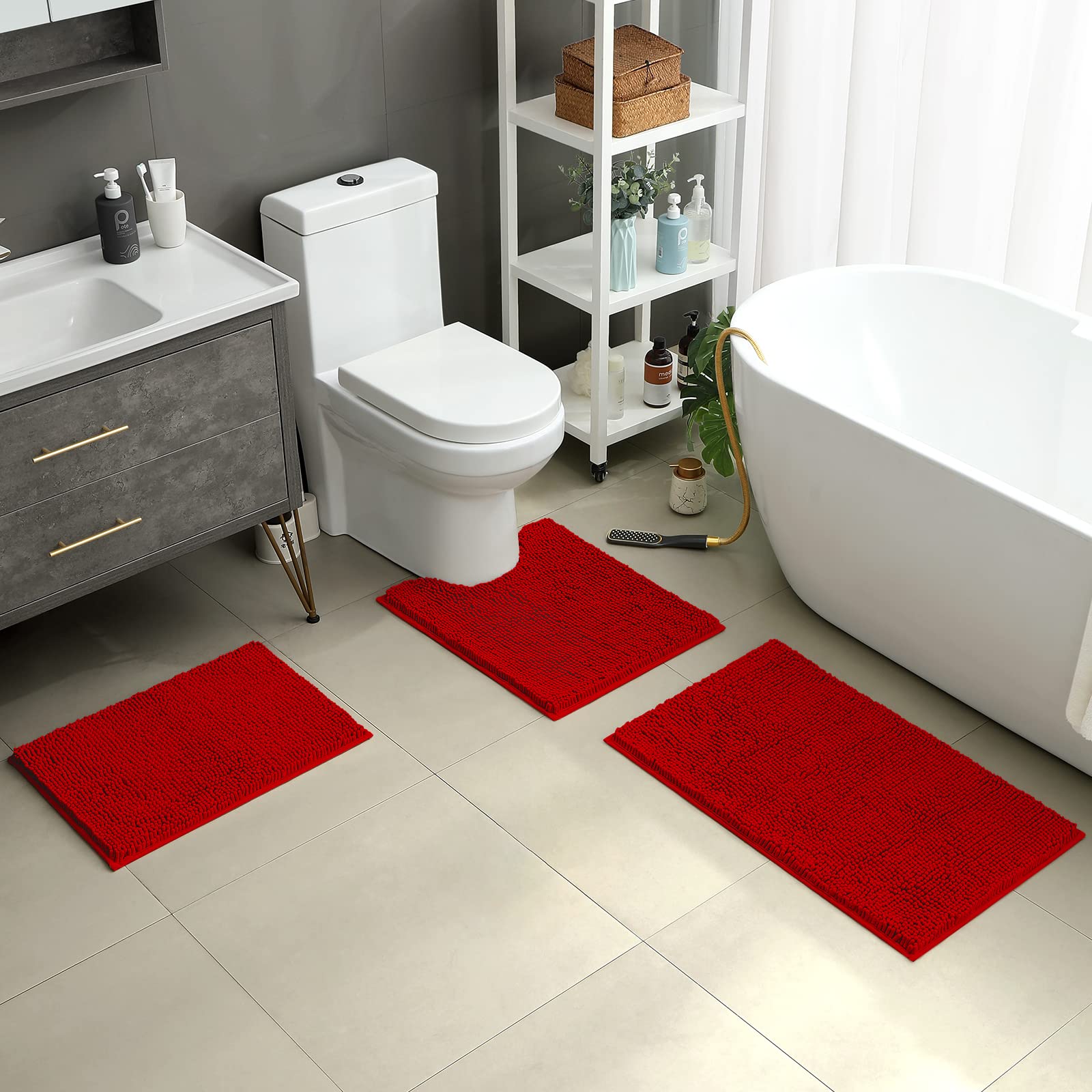 HOMEIDEAS 3 Pieces Bathroom Rugs  Ultra Soft Non Slip Absorbent Chenille Toilet Bath Mat Set (Red)