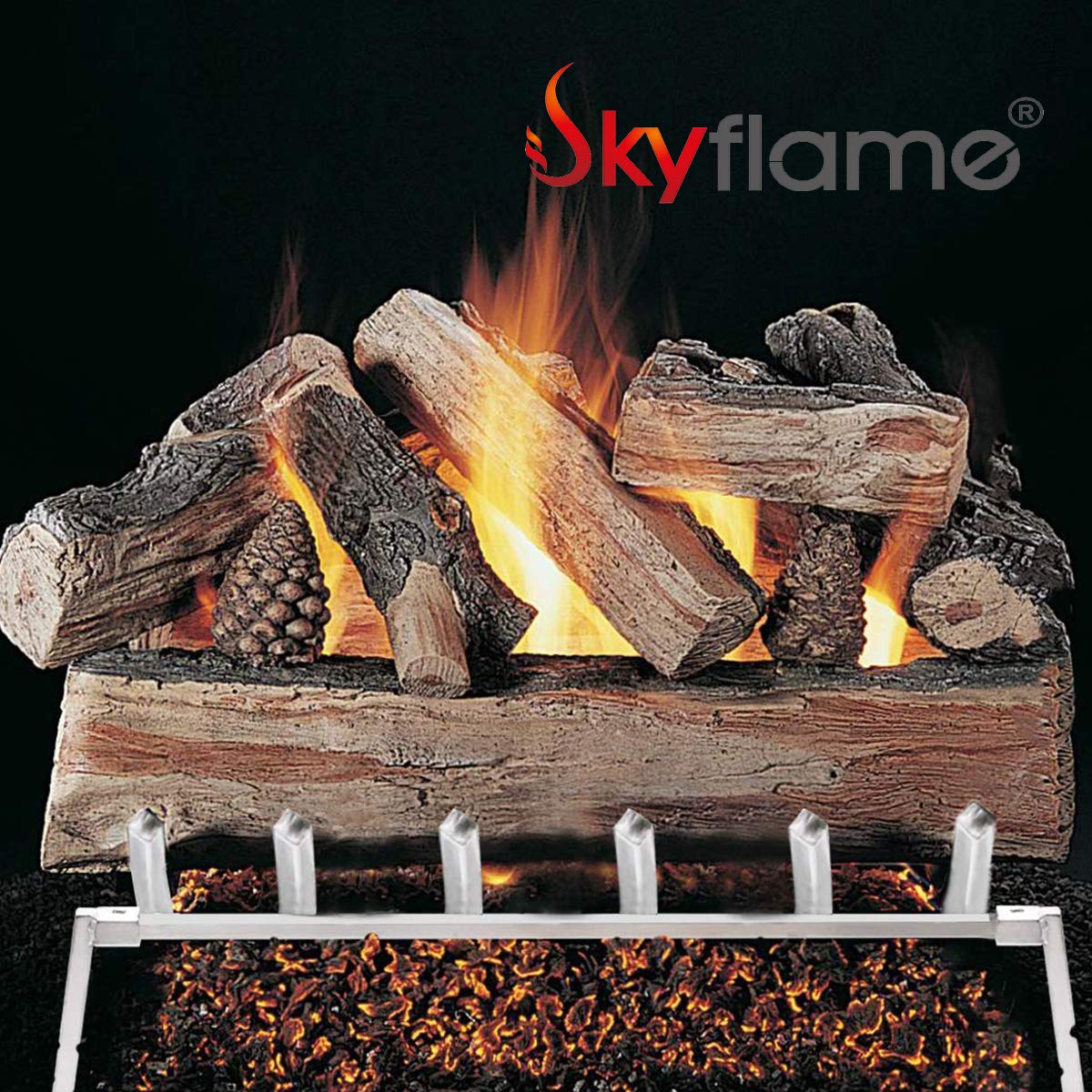 Skyflame 18-Inch Fireplace Log Grate With Dual Burner Pan And Connection Kit For Natural Gas, 304 Stainless Steel