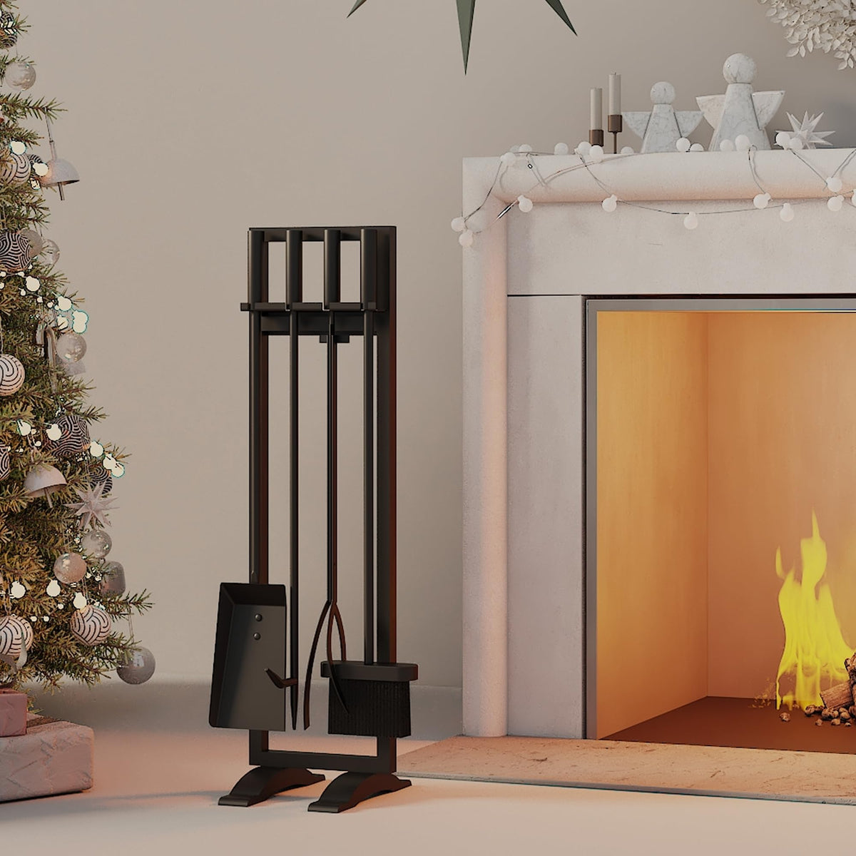 Fire Beauty Fireplace Tools Set 5 Pieces Fireside Accessories Fire Kit Stand Woodstove Tools Holder Wrought Iron Handle Indoor F