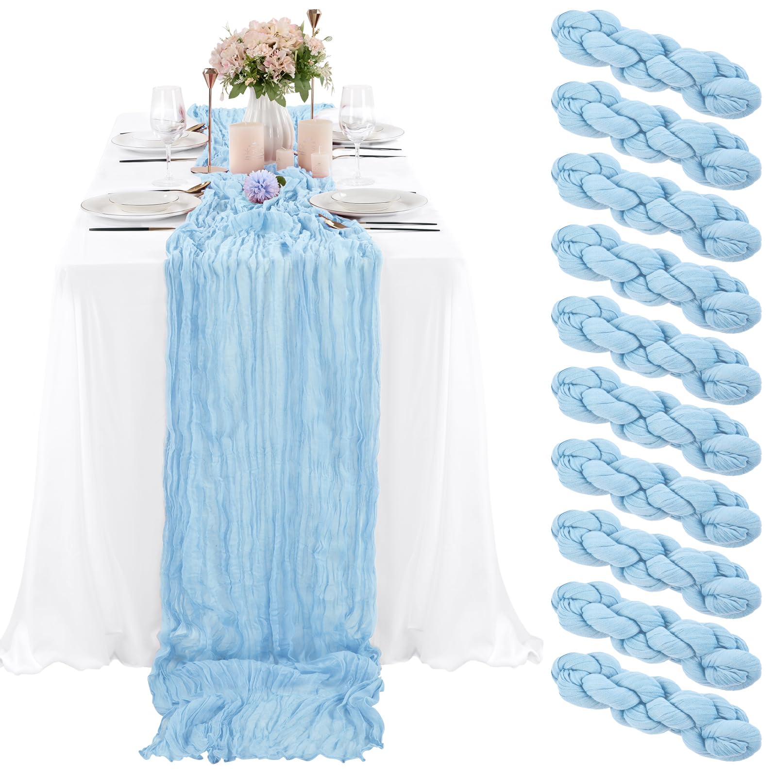 10 Pcs Baby Blue Cheesecloth Table Runner 10Ft, Gauze Table Runner For Wedding Reception Sheer Bridal Shower Birthday Party Boho