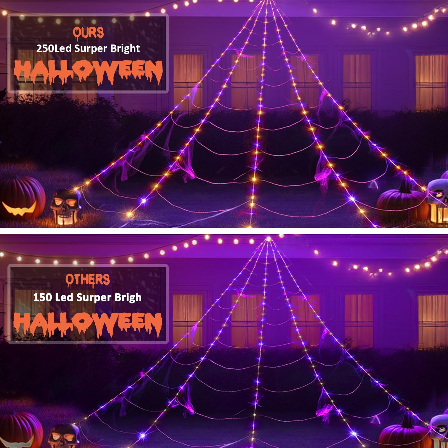 Spider Web Lights Halloween Decoration Outdoor - 250 Purple & Orange LED, 8 Lighting Modes, 16FT Giant Spider Web for Yard, Outs
