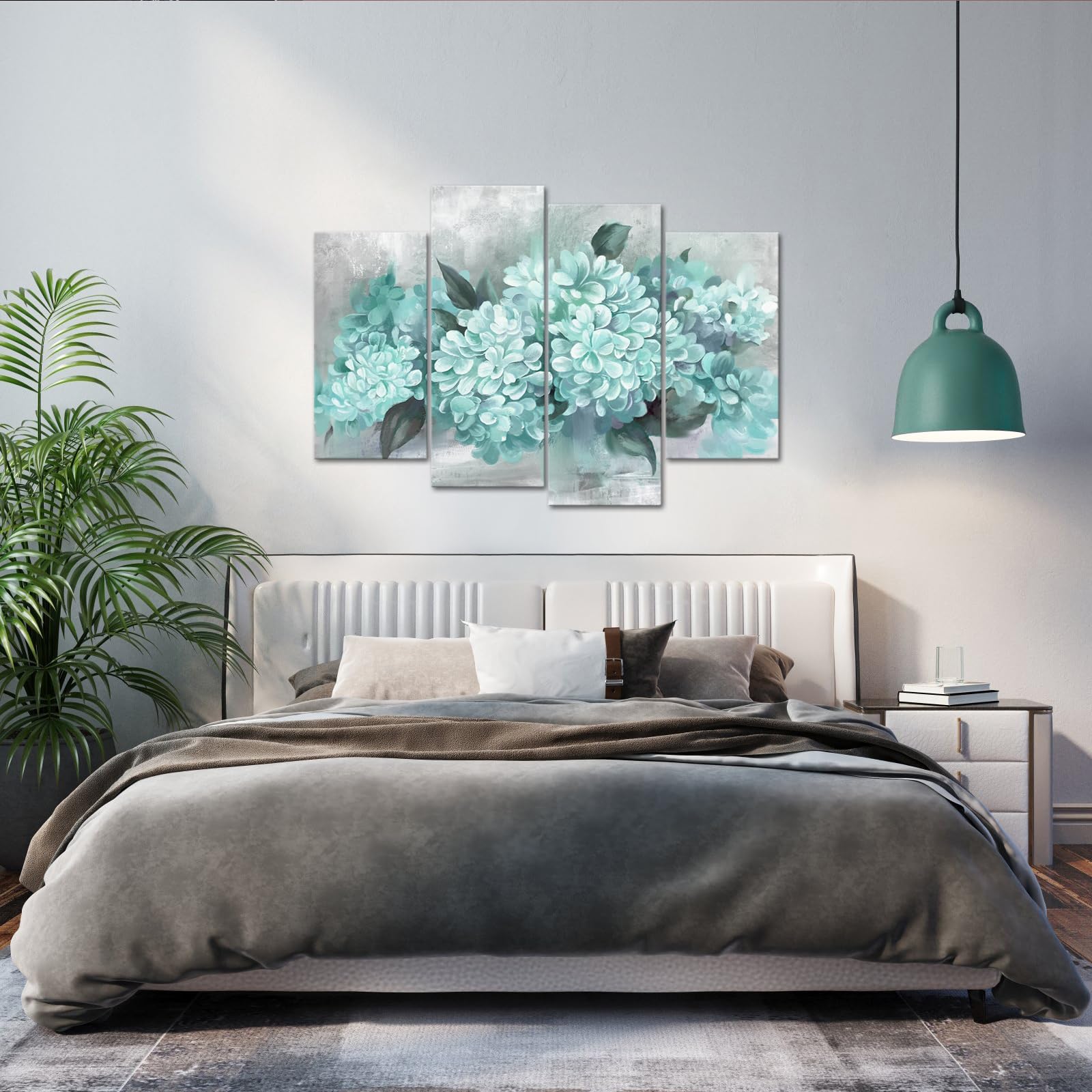 Ryounoart Aqua Pictures Wall Decor Hydrangea Canvas Paintings Teal Flower Art Prints For Living Room Bedroom Framed Large