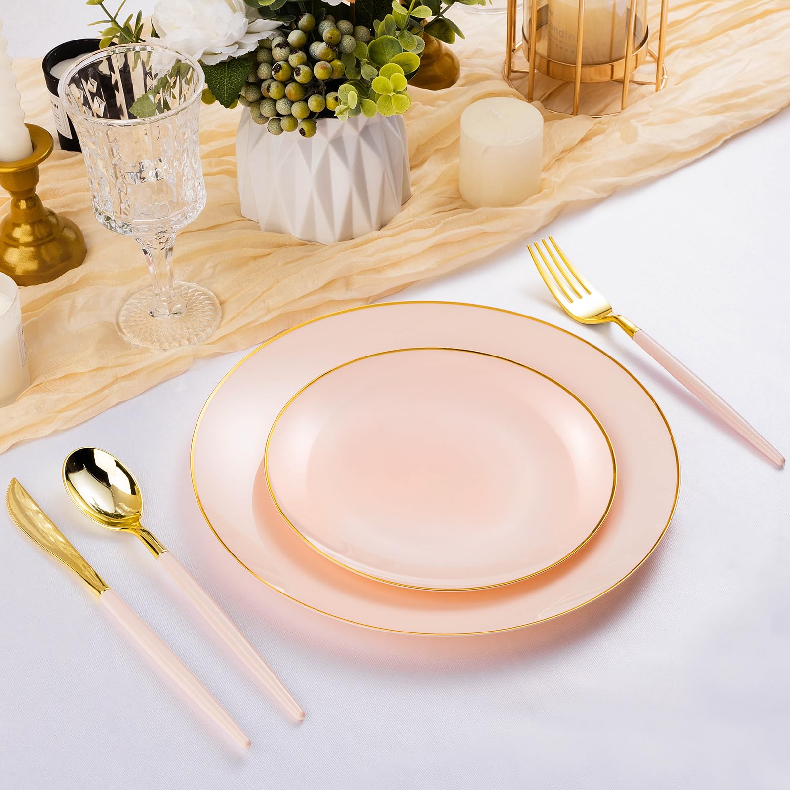 Bestluck 100Pcs Pink Gold Plastic Plates, Pink Disposable Plates For 50 Guests, Pink Pastic Plates Include 50 Dinner Plates, 50