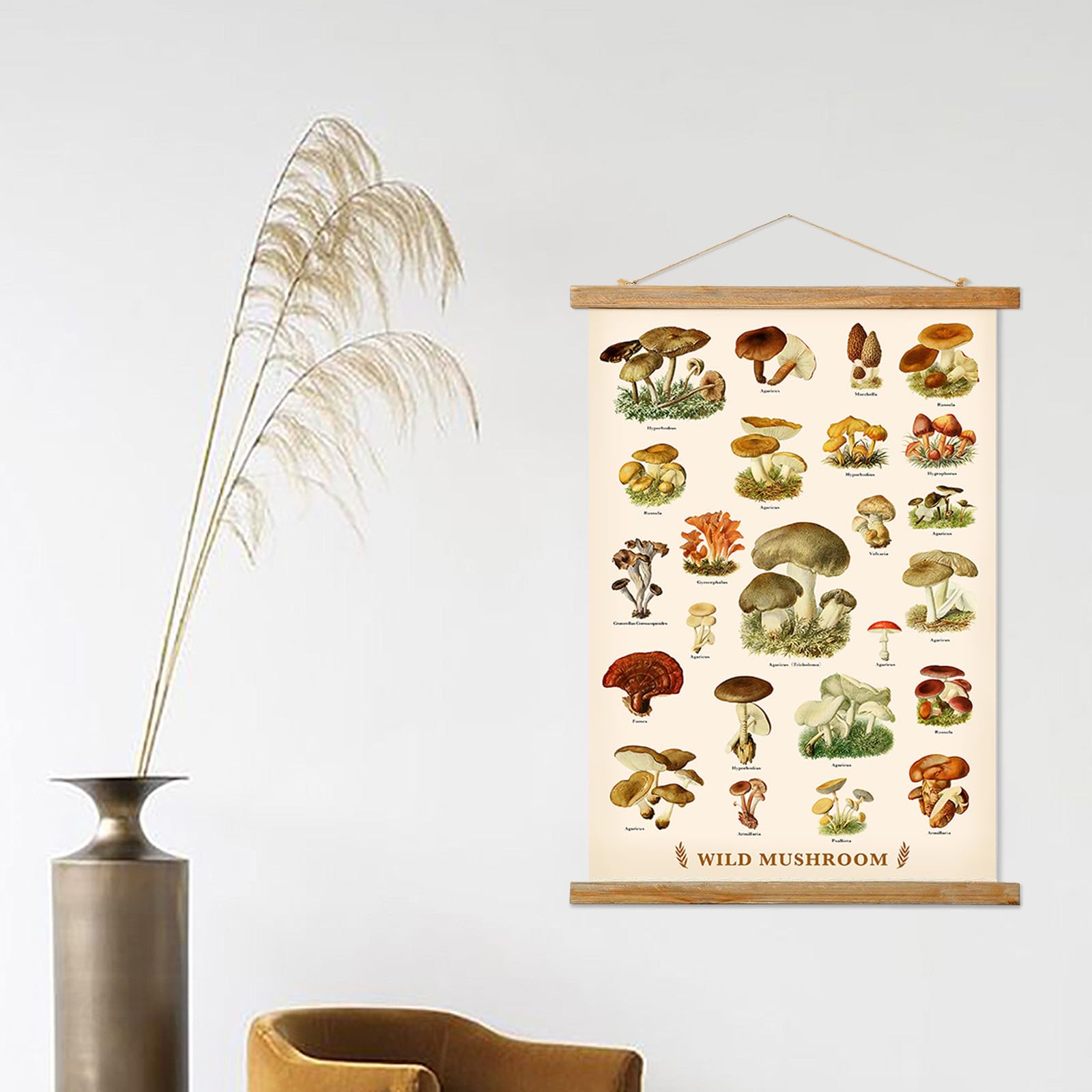 Ovfovy Vintage Mushroom Poster With Wooden Frame, Retro Botanical Educational Art Chart - Cute Style Wall Hanging For Home Class