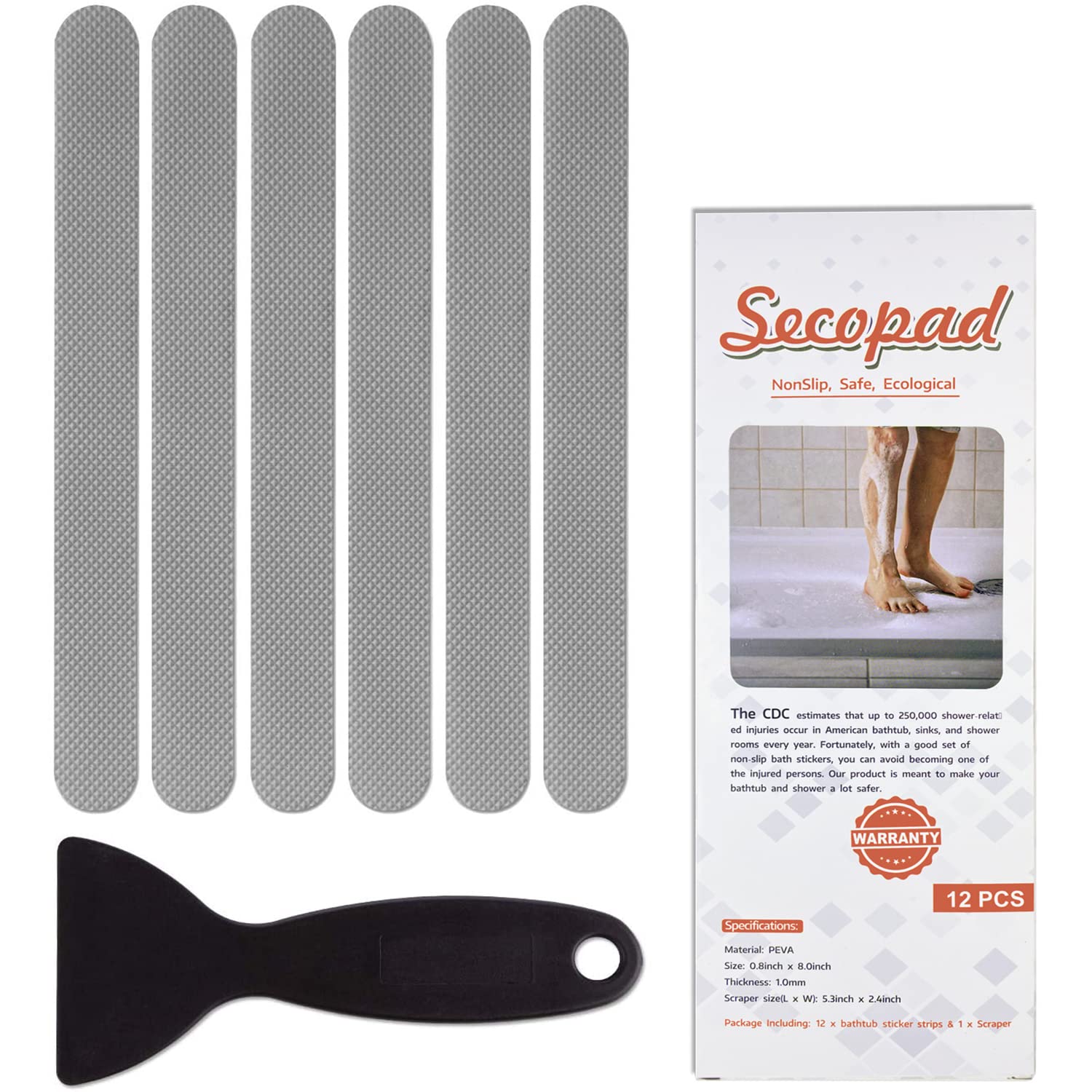 Secopad Non-Slip Bathtub Stickers,24 Pcs Safety Bathroom Tubs Showers Treads Adhesive Decals Scraper (Gray)