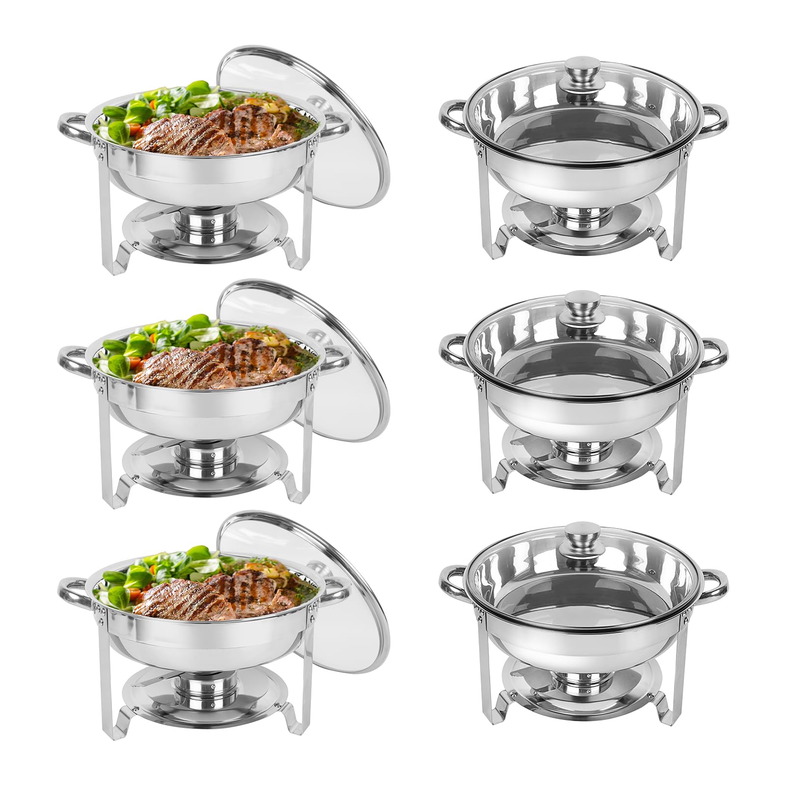 IMACONE Chafing Dish Buffet Set 6 Pack, 5QT Round Stainless Steel Chafer for Catering in Glass Lid, Chafers and Buffet Warmer Se