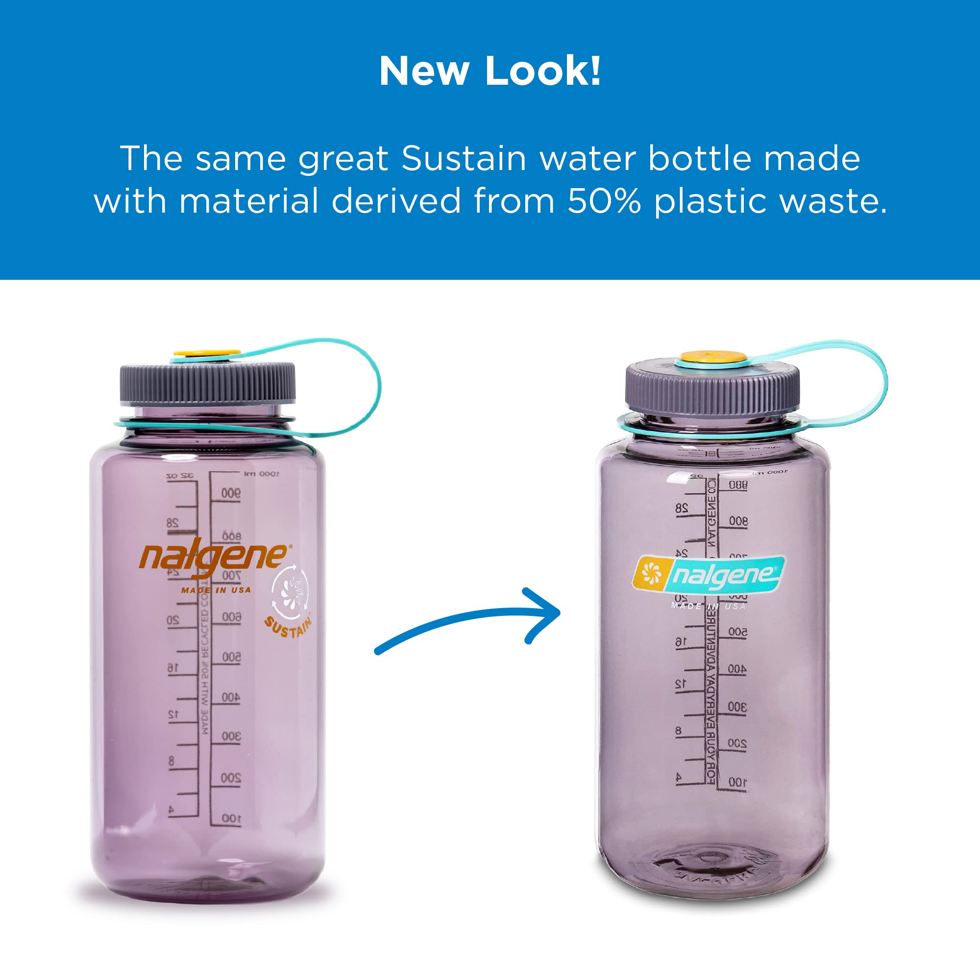 Nalgene Sustain Tritan Bpa-Free Water Bottle Made With Material Derived From 50% Plastic Waste, 32 Oz, Wide Mouth, Aubergine