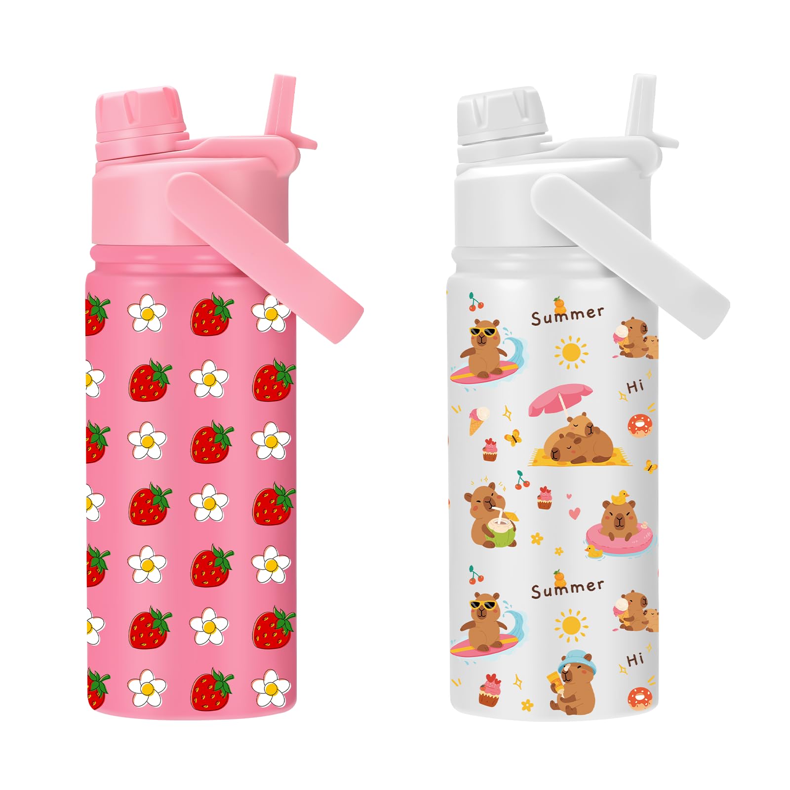 FOLAI 2Pack 17oz Kids Water Bottle with Leakproof, 2in1 Straw Lid | Stainless Steel Insulated Tumbler for Toddlers, School | B