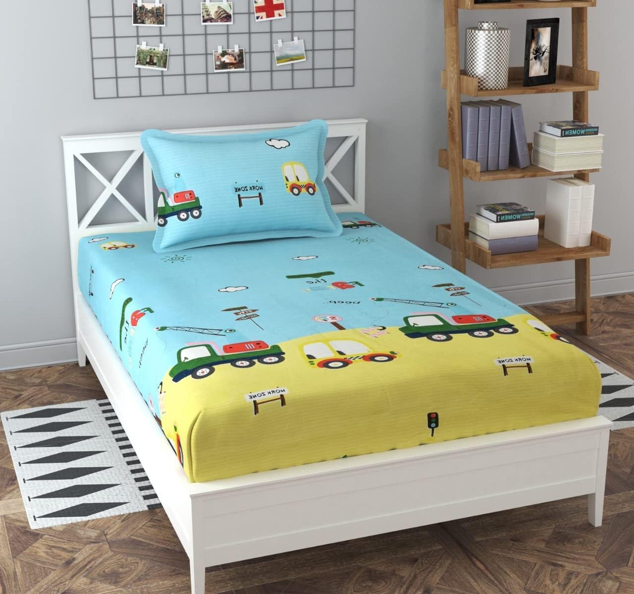 Dahlia Elastic Fitted Glace Cotton Single Bed (72x48x Upto 6 Inches) Bedsheet for Kids with 1 Pillow Covers200TC (Yellow Car)