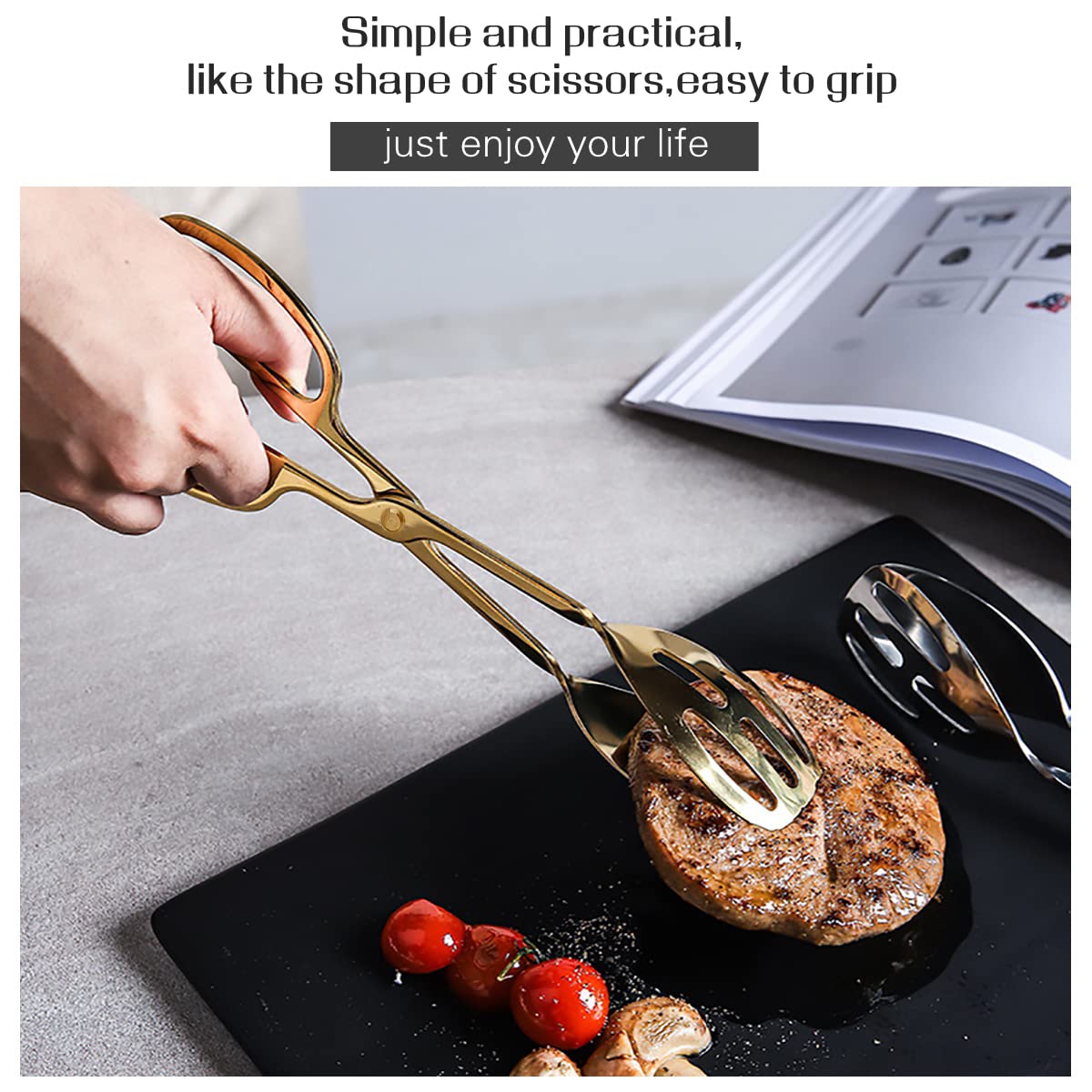 Iaxsee 2 Pieces Buffet Salad Tongs For Kitchen Serving And Cooking, Stainless Steel Food Scissor Tongs, Catering Utensil For Bre