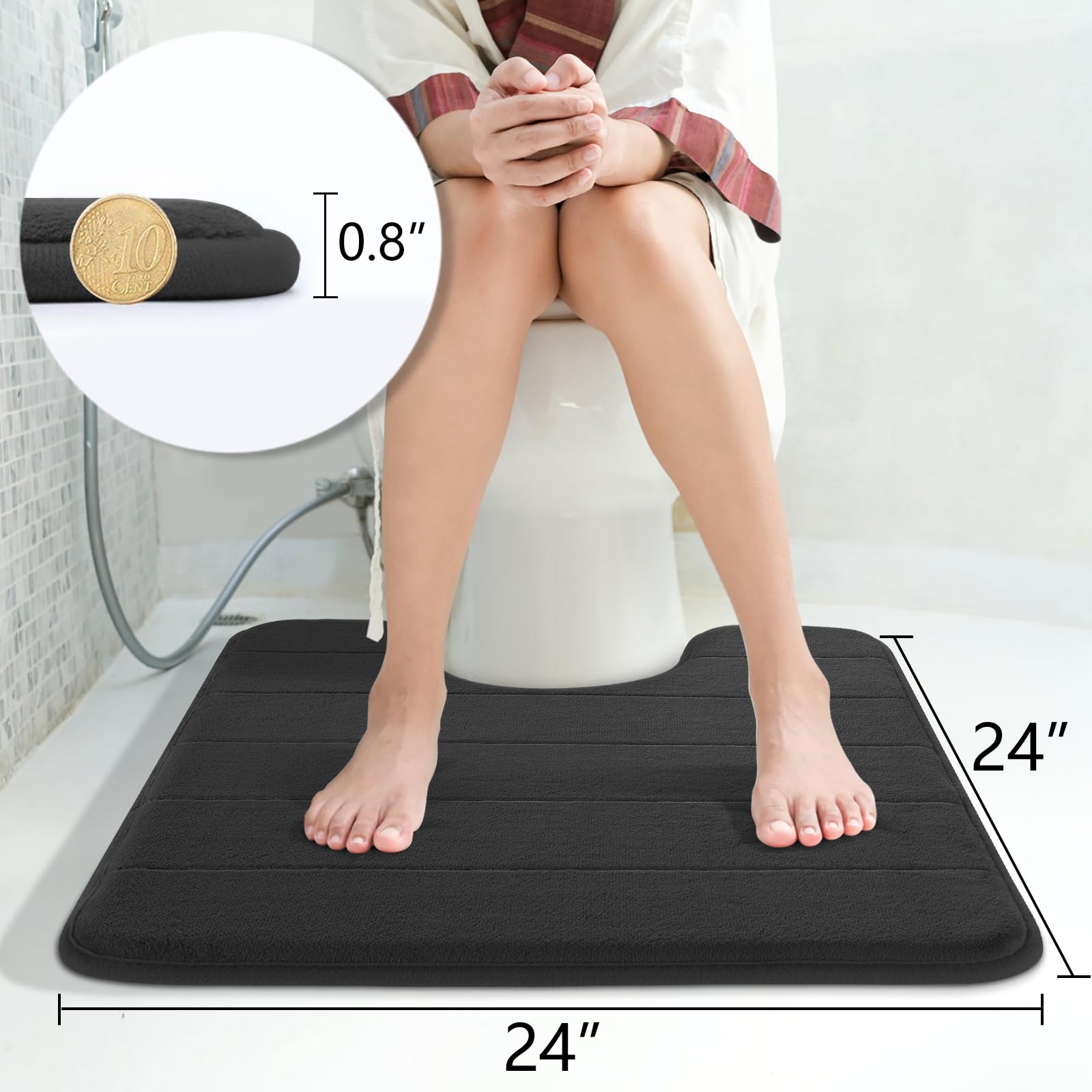 Yimobra Memory Foam Toilet Bath Mat U-Shaped  Commode Contour Rug  Soft and Comfortable  Super Water Absorption  Non-Slip  Thick  Machine Wash and Easier to Dry for Bathroom  24 X 24 Inches  Black