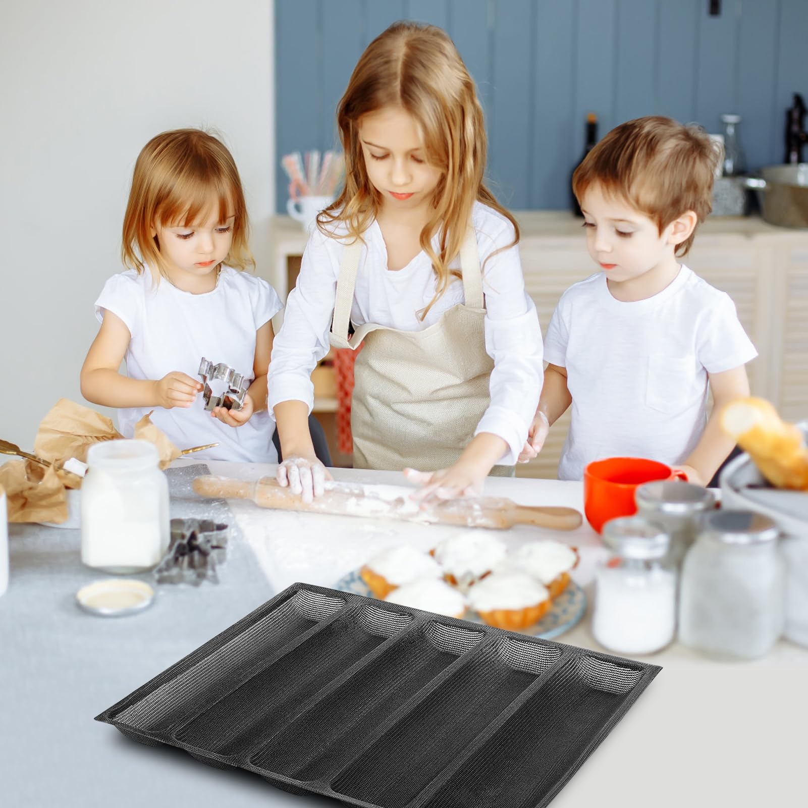 Estink Silicone Pan, Oblong Shape Bread French Bread Baking French Bakeware Tray 5 Loaf Nonstick Baking Liners Mat For Frozen Do