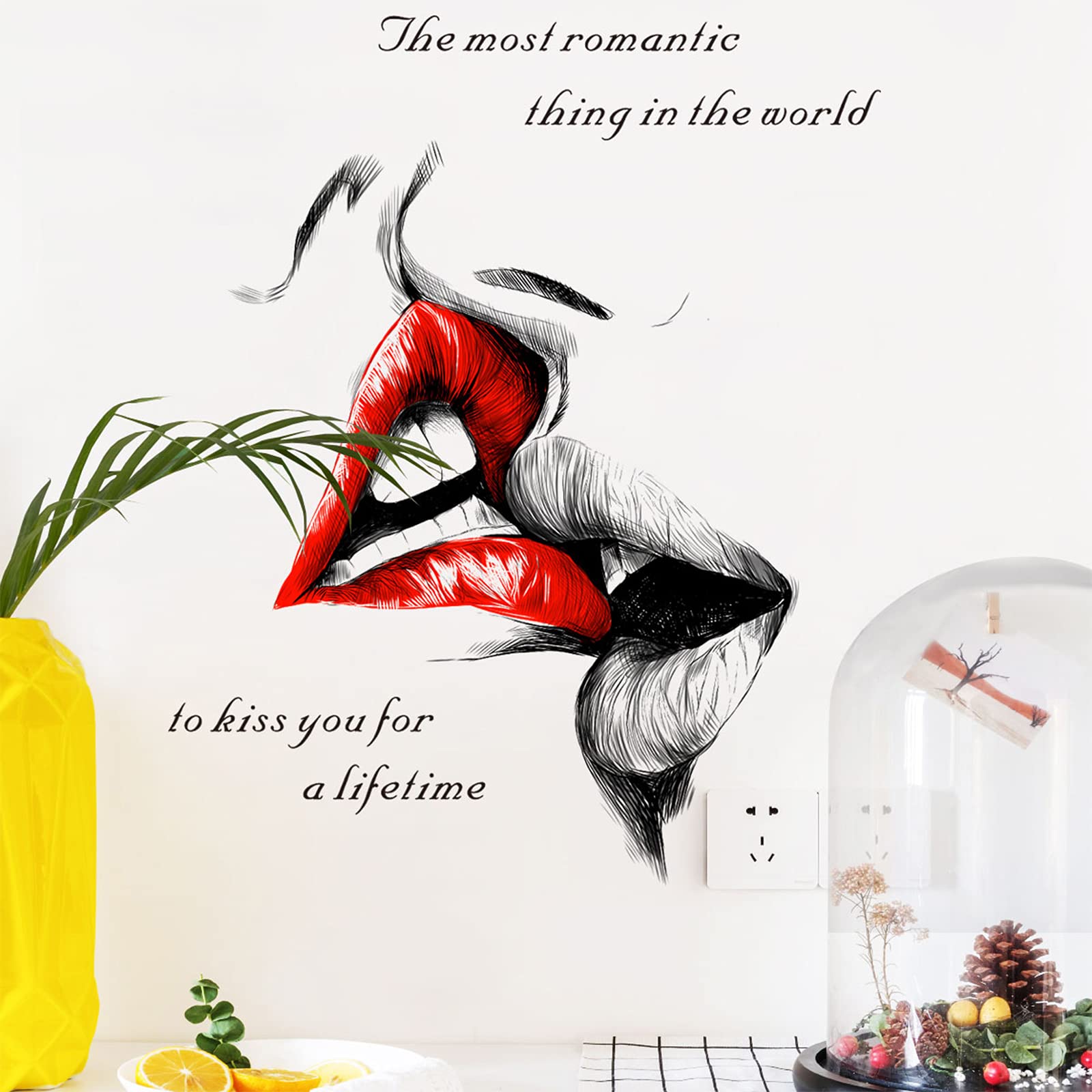 Cokoyy Sexy Red Lips Kiss Wall Decals, Kiss You For A Lifetime Quotes Wall Stickers, Kissing Lips Fashion Silhouette Mural, Remo