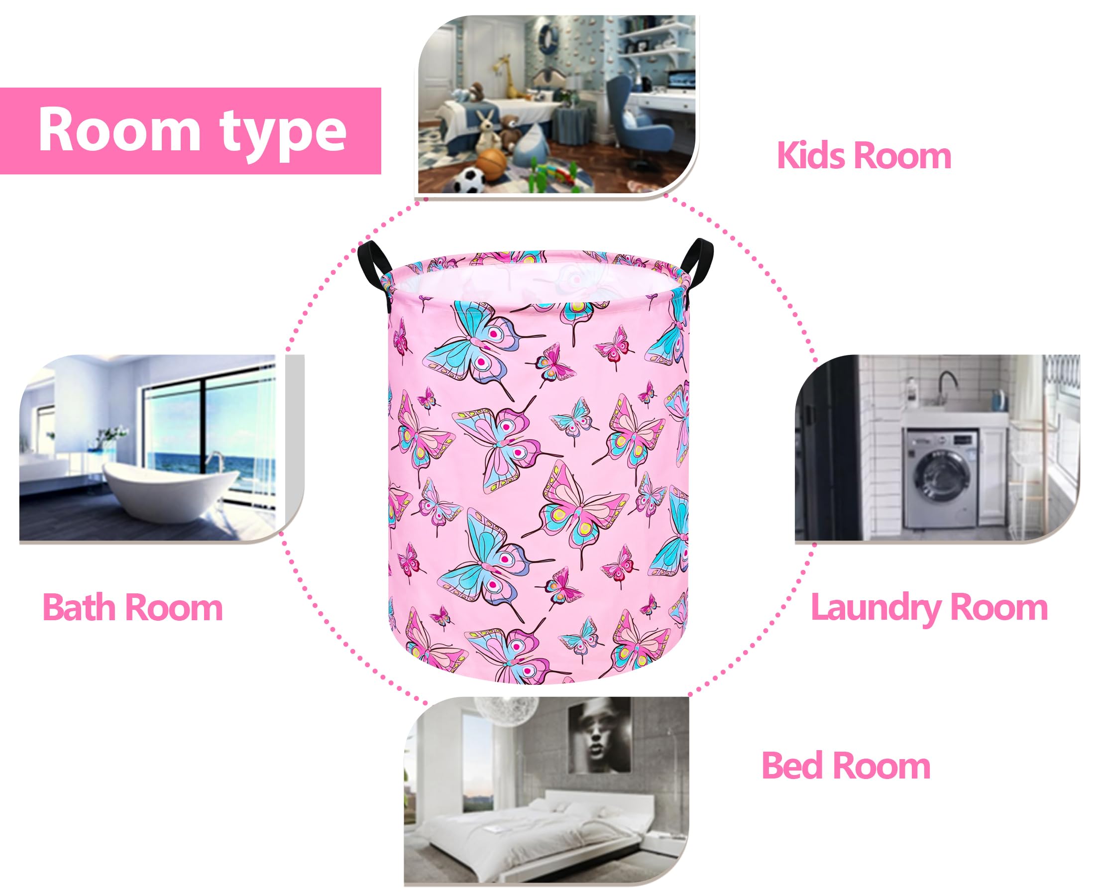 Girls Storage Basket With Pe Waterproof Lining Cute Pink Butterfly Print Foldable Hamper 15.7D X 19.7H - Collapsible Laundry Ham