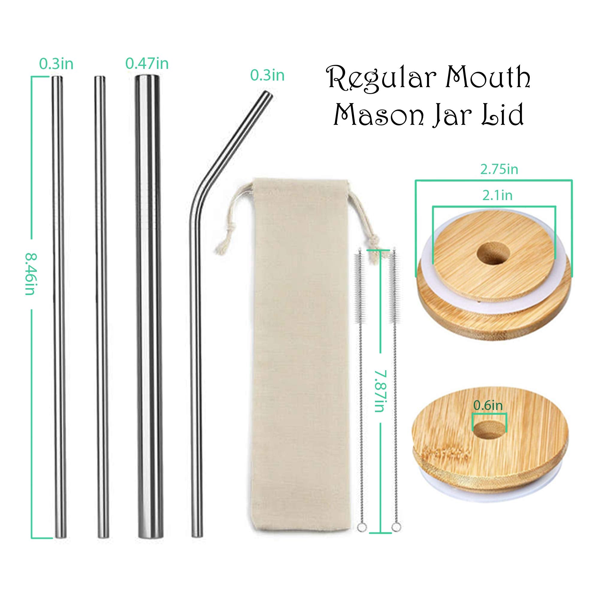 Pureandjoy 10 Pack Regular Mouth Bamboo Mason Jar Lid Set With Stainless Steel Straws (4 Regular Mouth Bamboo Mason Jar Lids , 4