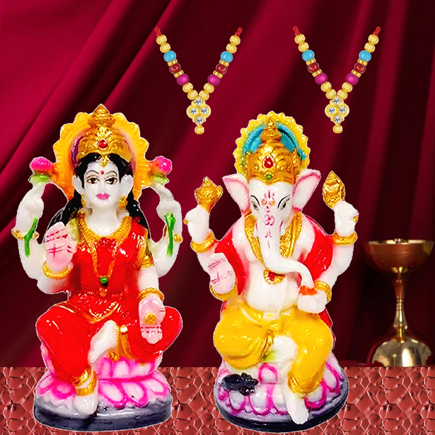 Kitlyn Laxmi Ganesh Handpainted Resin Fiish Murti For Pooja Room,Diwali&Gift, Mala Set 12 Cm Feng Shui & Vastu Showpiece (Clay, 