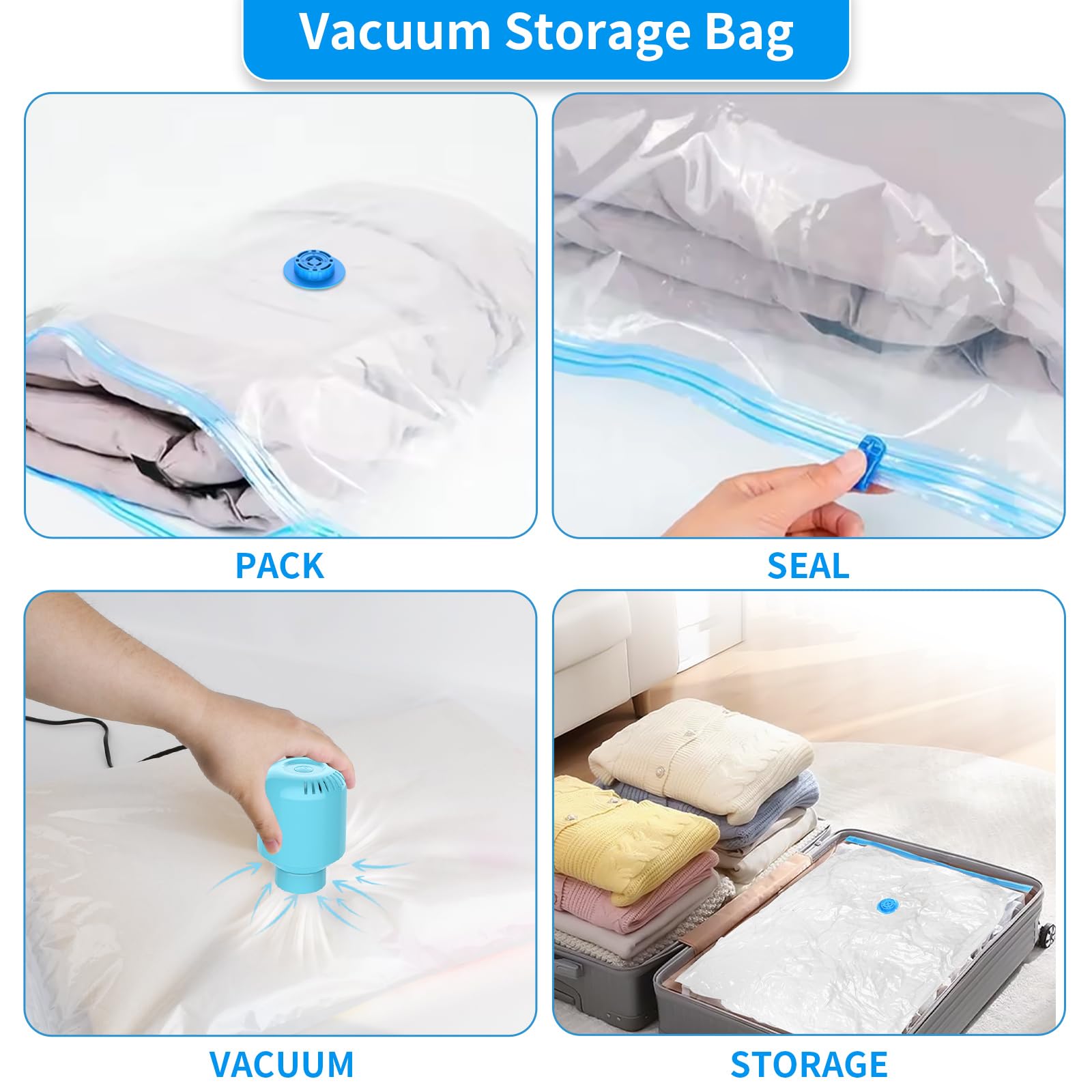 Szo 6 Pack Vacuum Storage Bags With Electric Air Pump,(3 Jumbo/3 Large) Vacuum Seal Bags For Clothing Travel, Space Saver Bags F