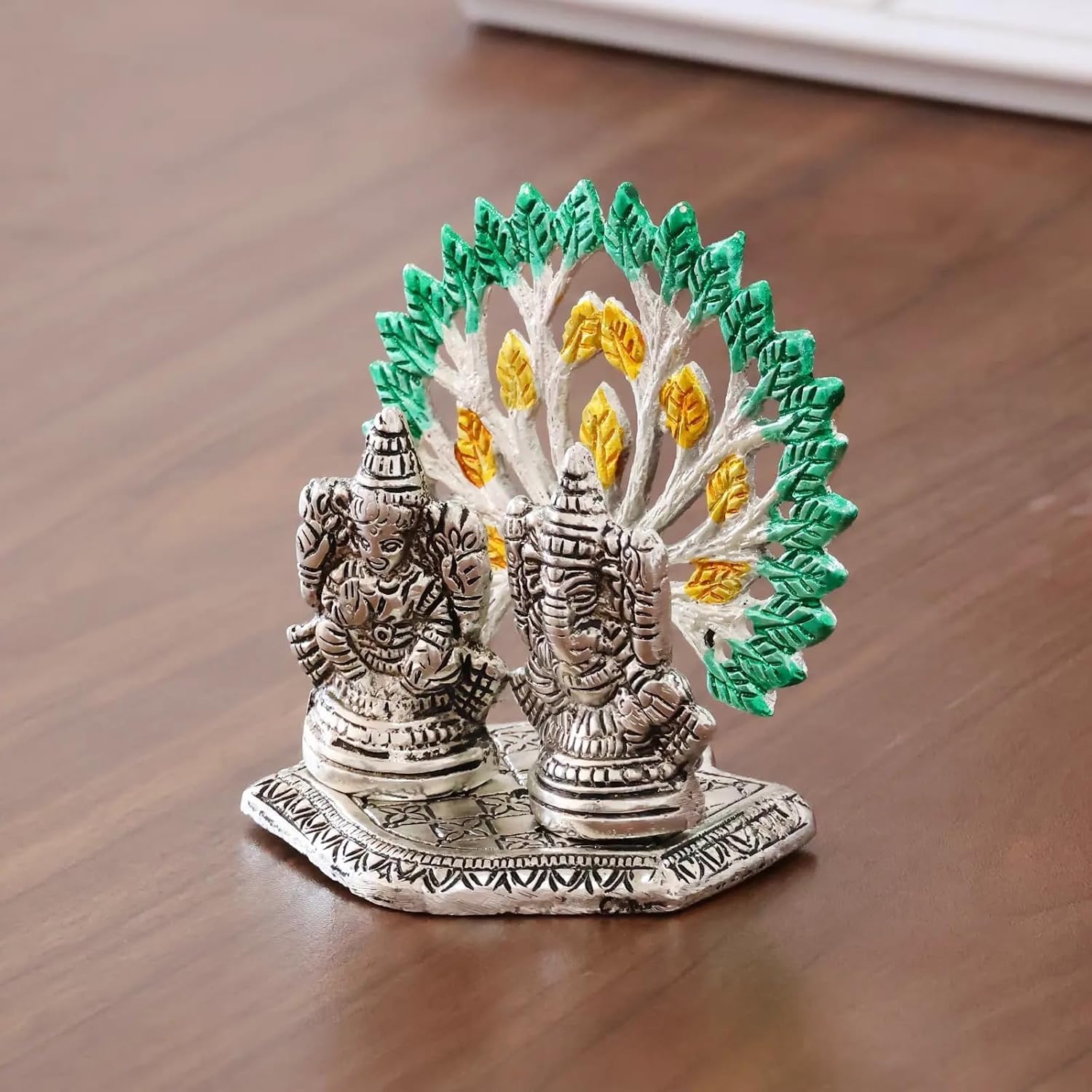 Dreamkraft Silver Finish Mini Ganesh Lakshmi Statue Intricately Designed Spiritual Showpiece (10 X 8 X 10 Cm)