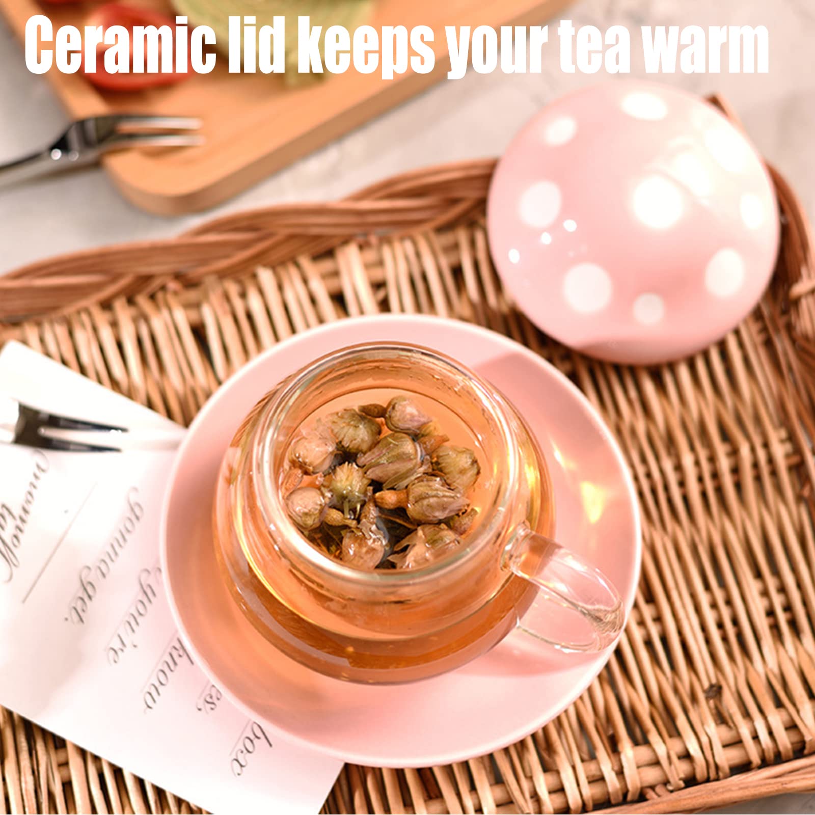 Aboyer Mushroom Cup Cute Glass Tea Cup With Infuser And Lid Kawaii Mushroom Mug Set Coffee Teapot With Ceramic Coasters 11Oz (Ye