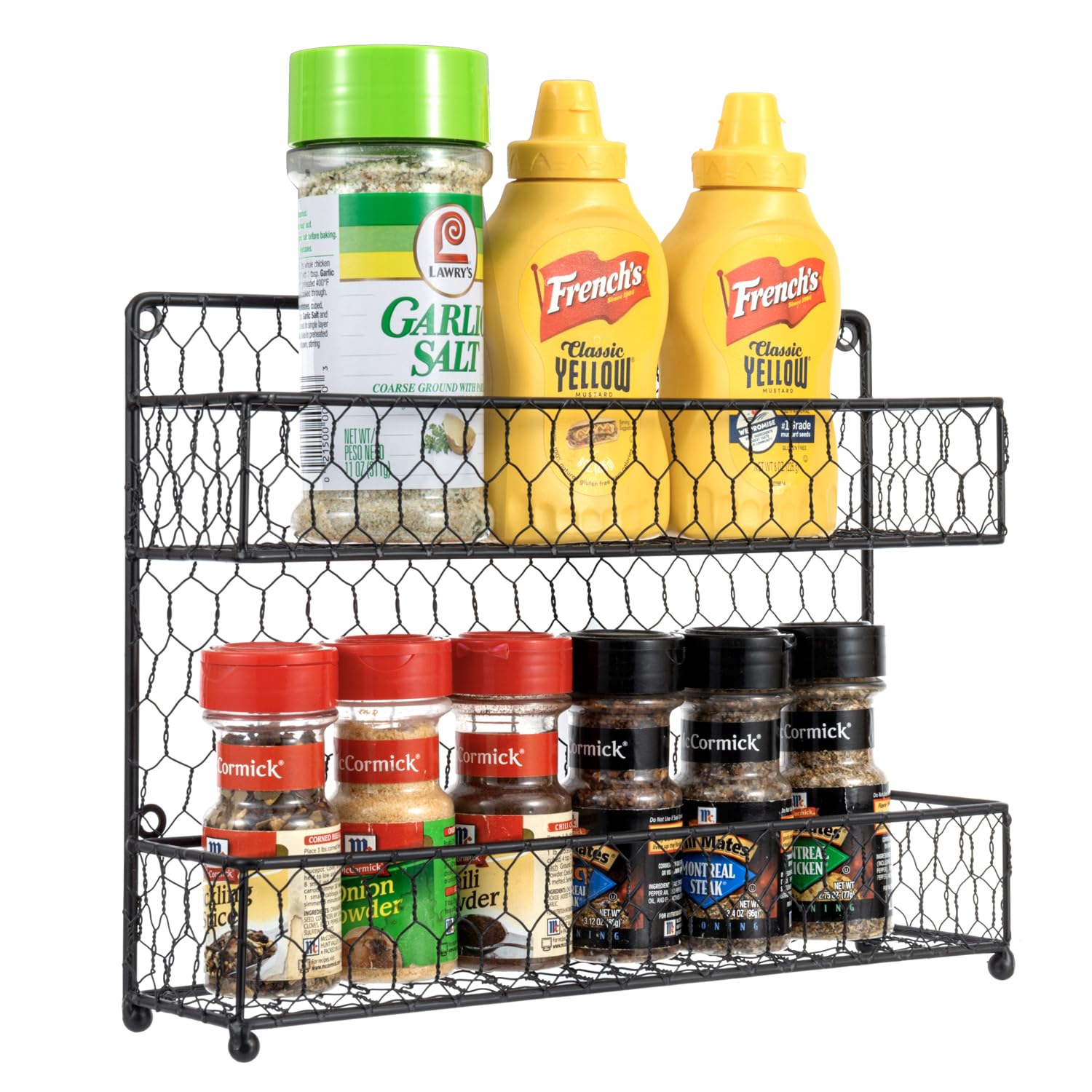 MyGift Farmhouse Style Metal Wire Spice Rack - Wall Mount or Kitchen Countertop 2-Tier Seasoning Jar Storage Organizer, Black