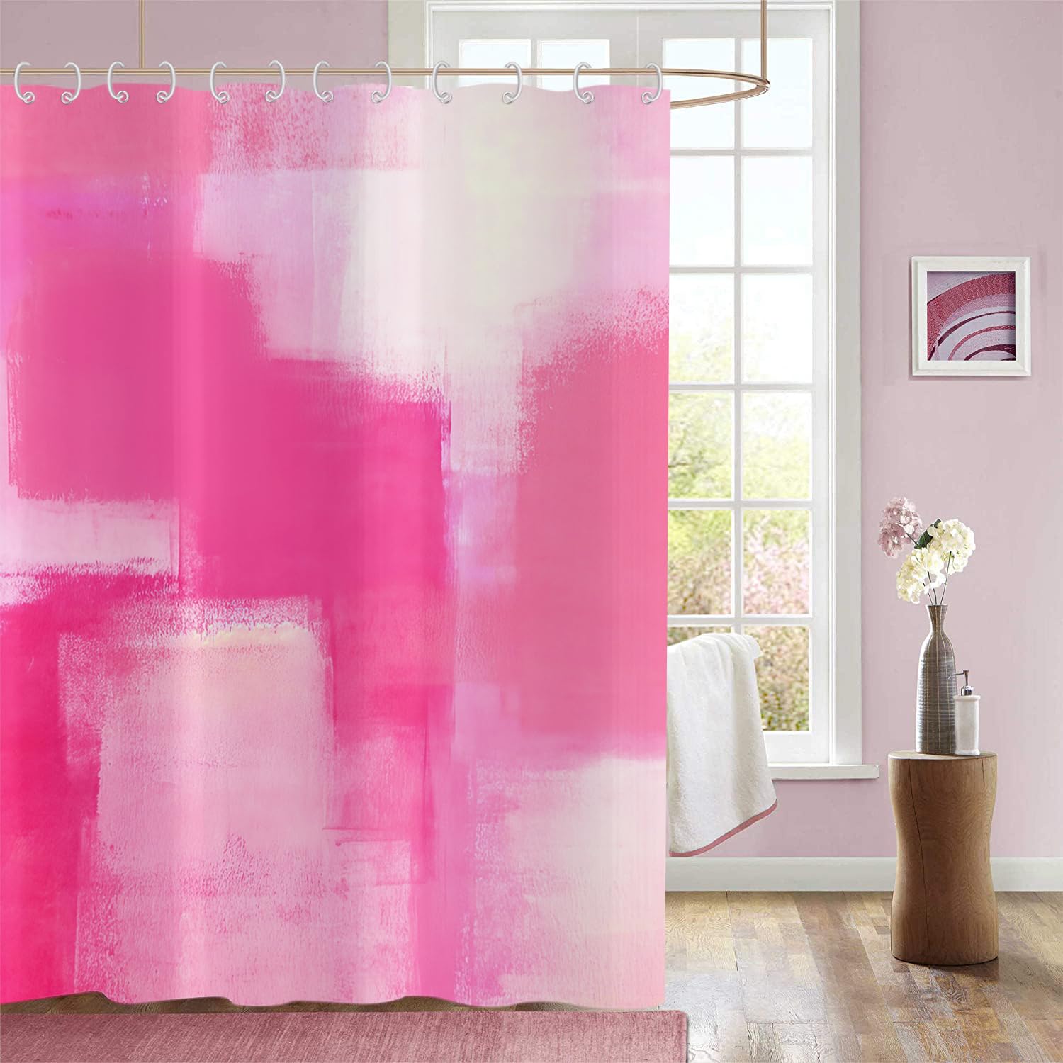 Gcirec Hot Pink Shower Curtain, Watercolor Pink Contemporary Brush Strokes Oil Painting Abstract Bathroom Curtain Waterproof Fab