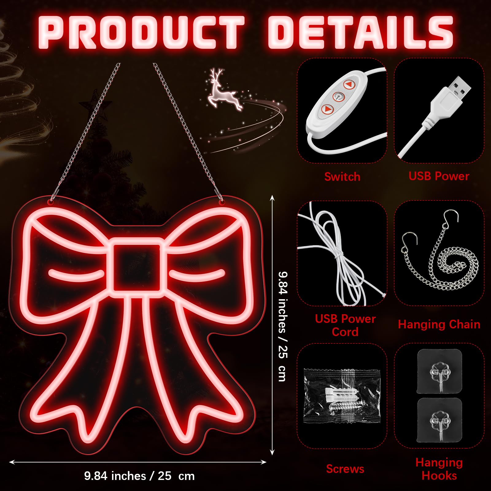 Large Christmas Red Bow Tree Topper Neon Sign 9.84 Inch Red Lighted Bow Christmas Ornament Xmas Toppers Neon Tree Wreath for Xma