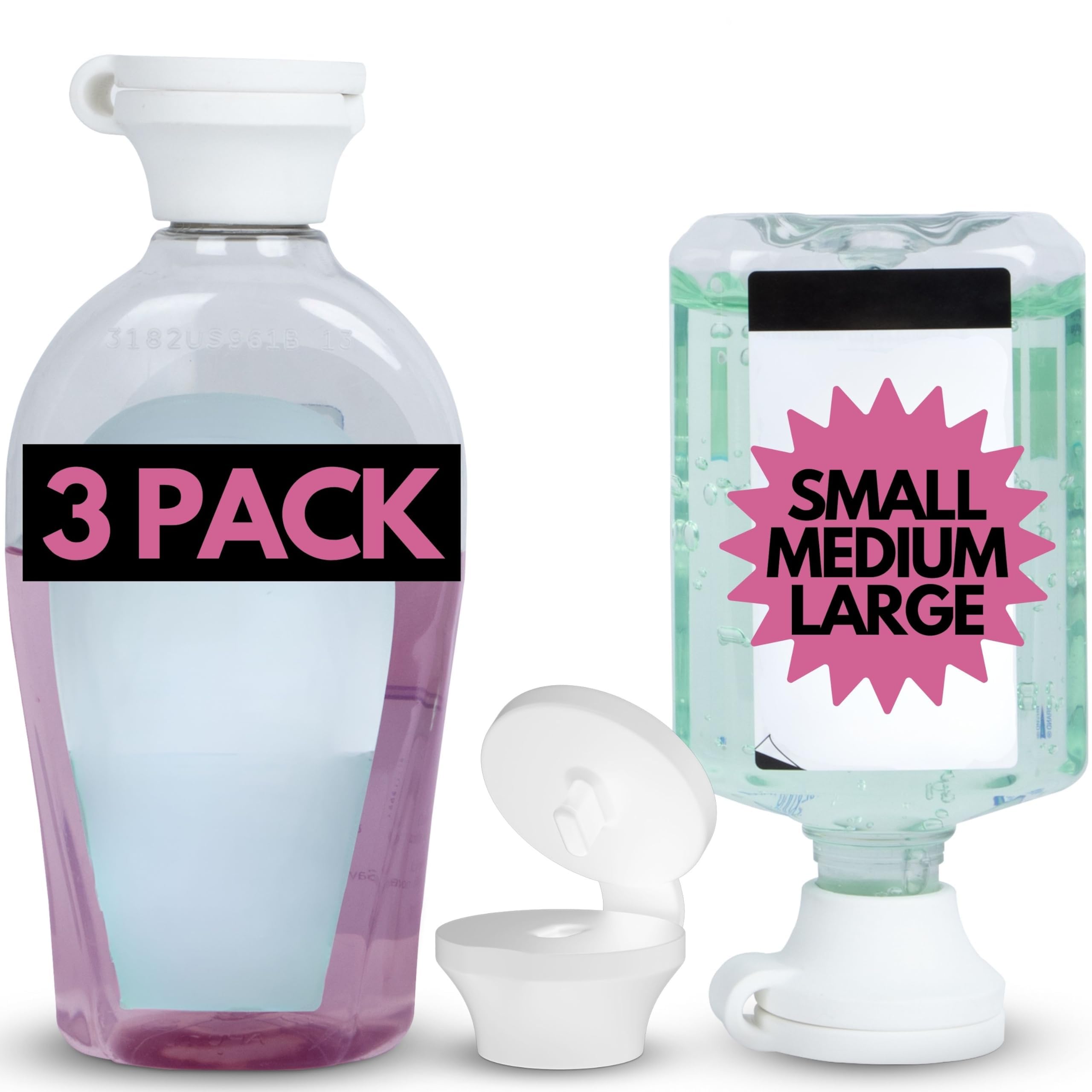 Home And Bathroom Bottle Emptying Cap - Convenient Flip Top Design To Empty Pump Bottles (3 Pack - Small, Medium, And Large (Bla