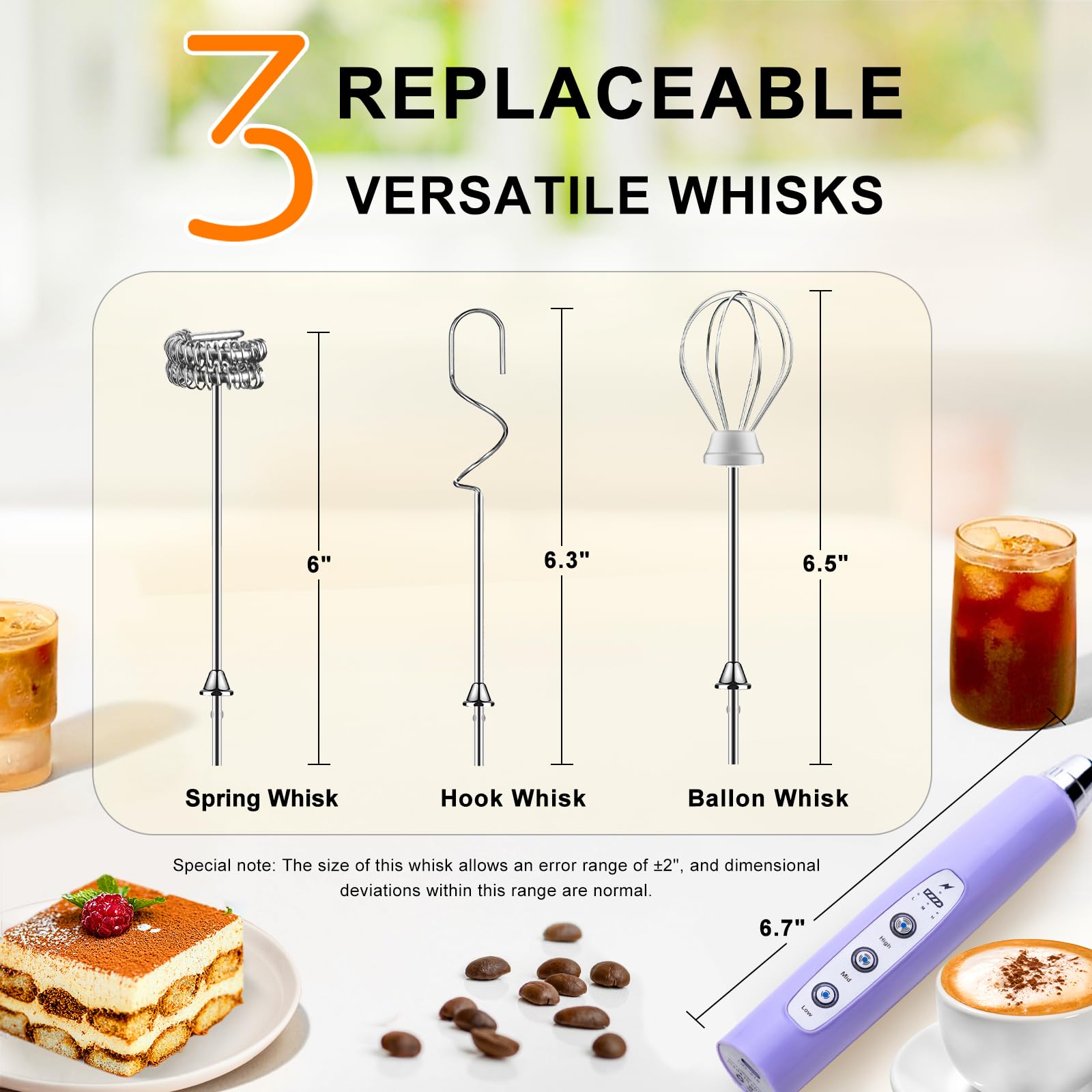 YUSWKO Handheld Milk Frother for Coffee  Rechargeable Drink Mixer with 3 Heads 3 Speeds Electric Whisk Coffee Frother For Latte  Cappuccino  Hot Chocolate  Egg - Light Purple