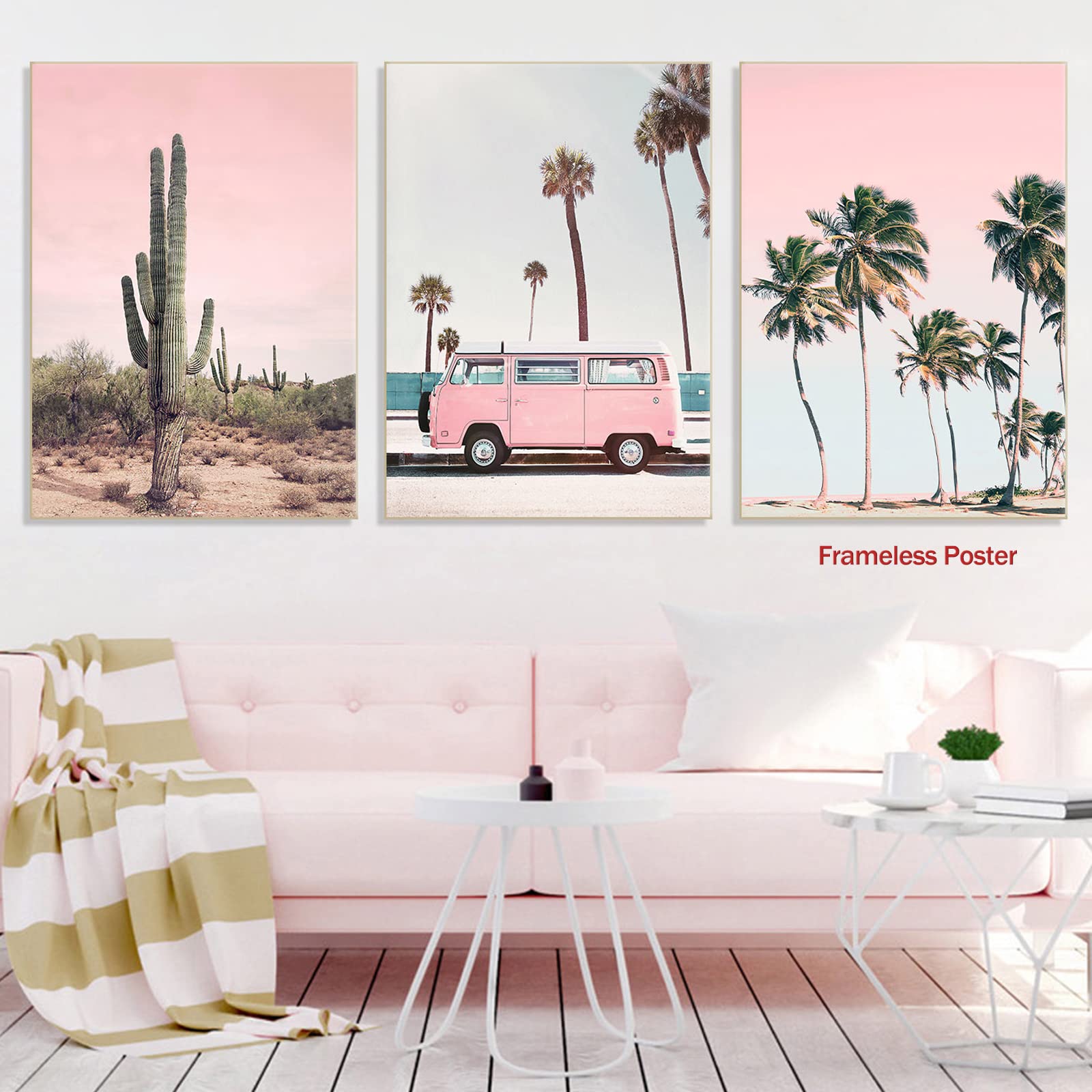 Backymrart Pink Landscape Art Car Wall Decor Beach Palm Tree Canvas Retro Poster And Sunset Scenery Bus Home 16X24Inx3 Frameless