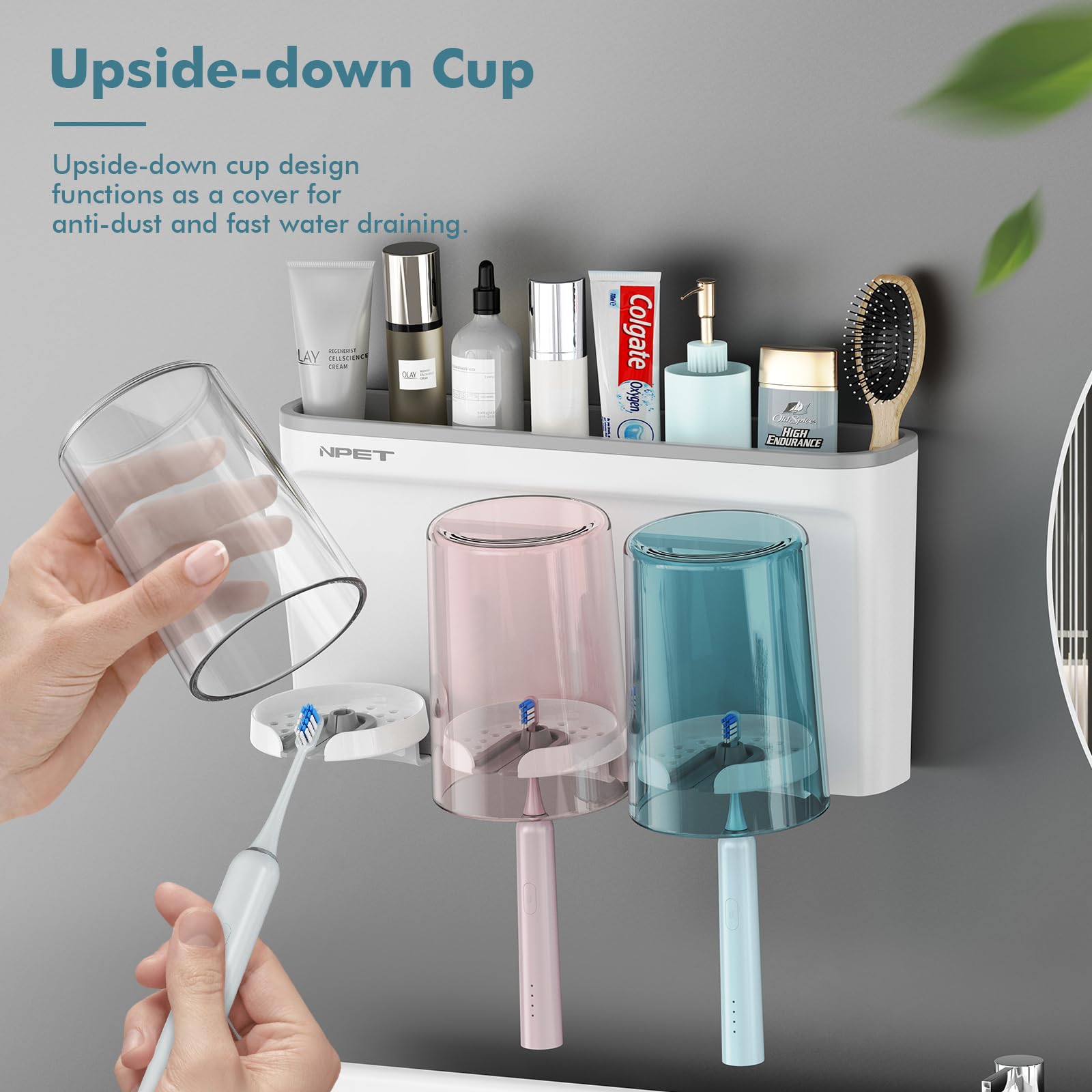 Npet Toothbrush Holder For Bathroom,3 Cups Toothbrush Holder Set Wall Mounted, Ideal Bathroom Accessories Organization