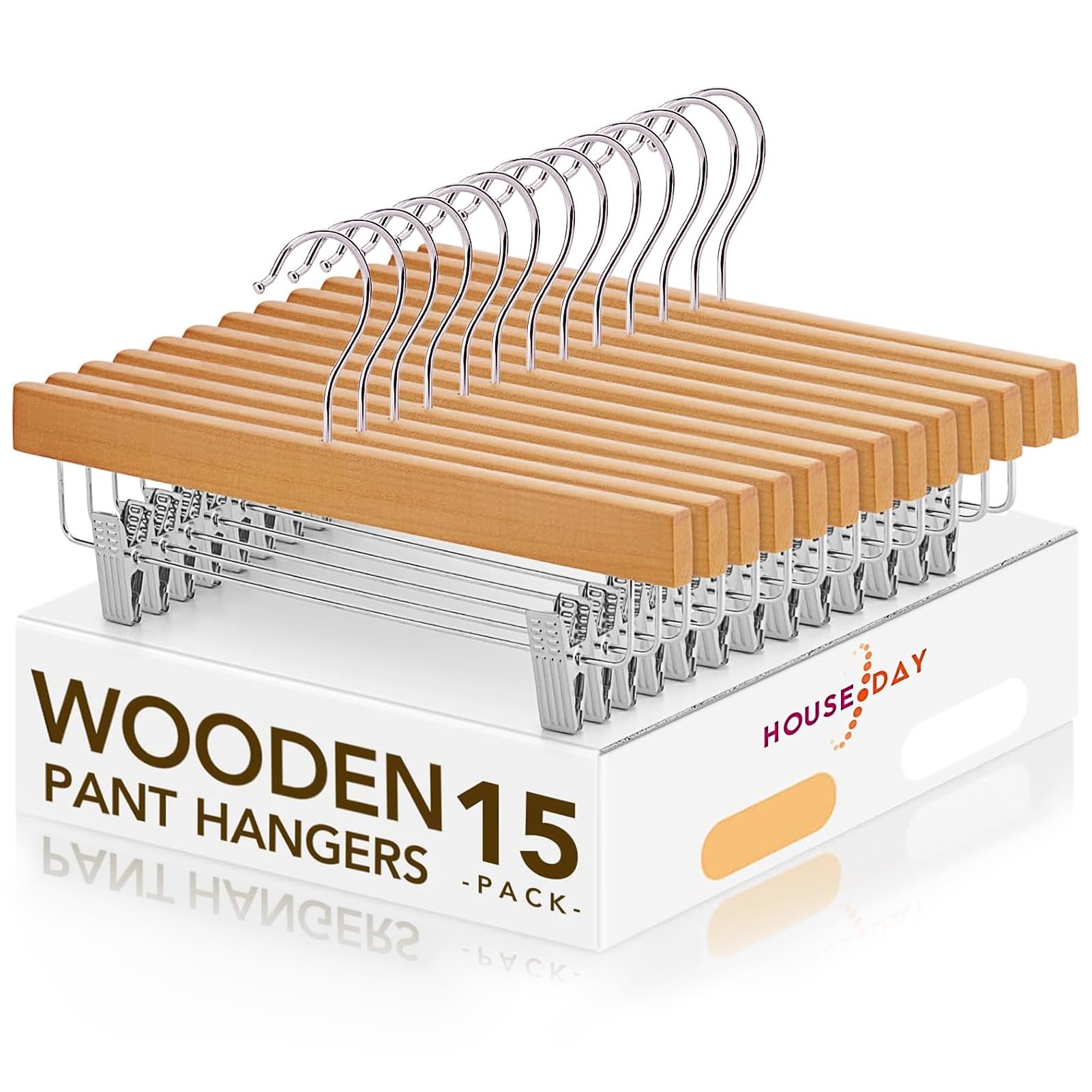 House Day Premium Wooden Pants Hangers 15 Pack, Solid Lotus Wood Skirt Hangers With 2-Adjustable Clips, Heavy Duty & Anti Slip W