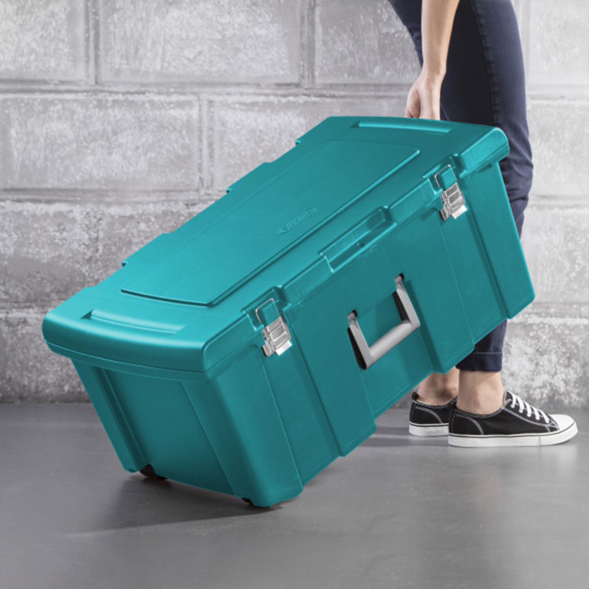 Sterilite Footlocker - Lockable Plastic Storage Container, Teal, 1 Pack, Heavy-Duty for Home, Garage, Office, Model 18425X01
