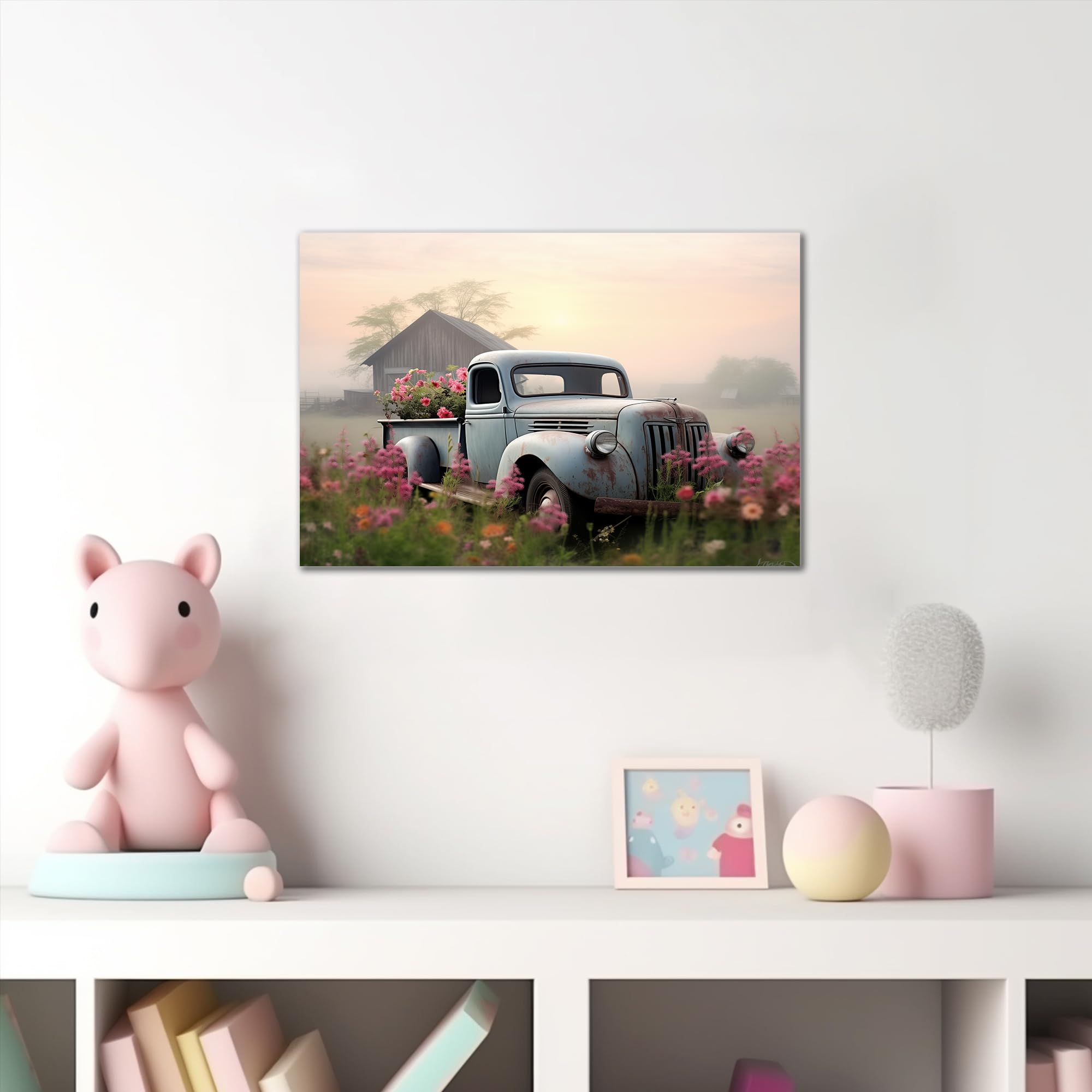 Farmhouse Old Truck Canvas Wall Art, Old Barn Pictures Wall Art, Country Antique Pickup Truck Canvas Prints, Blue Truck With Red