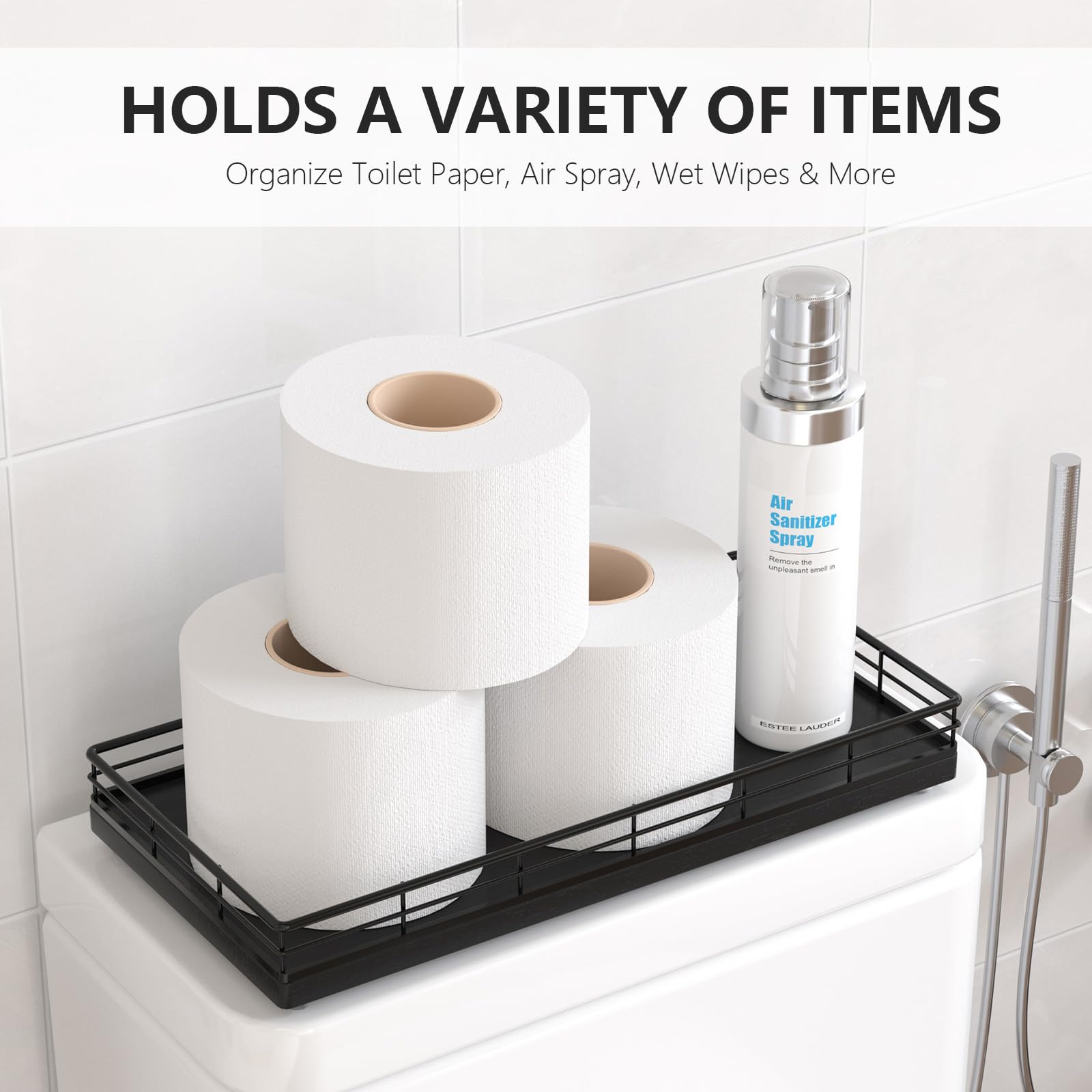 Toilet Paper Basket Organizer - Oak Wood Toilet Tank Tray with Metal Frame, Back of Tank or Top Bathroom Counter Storage - Black