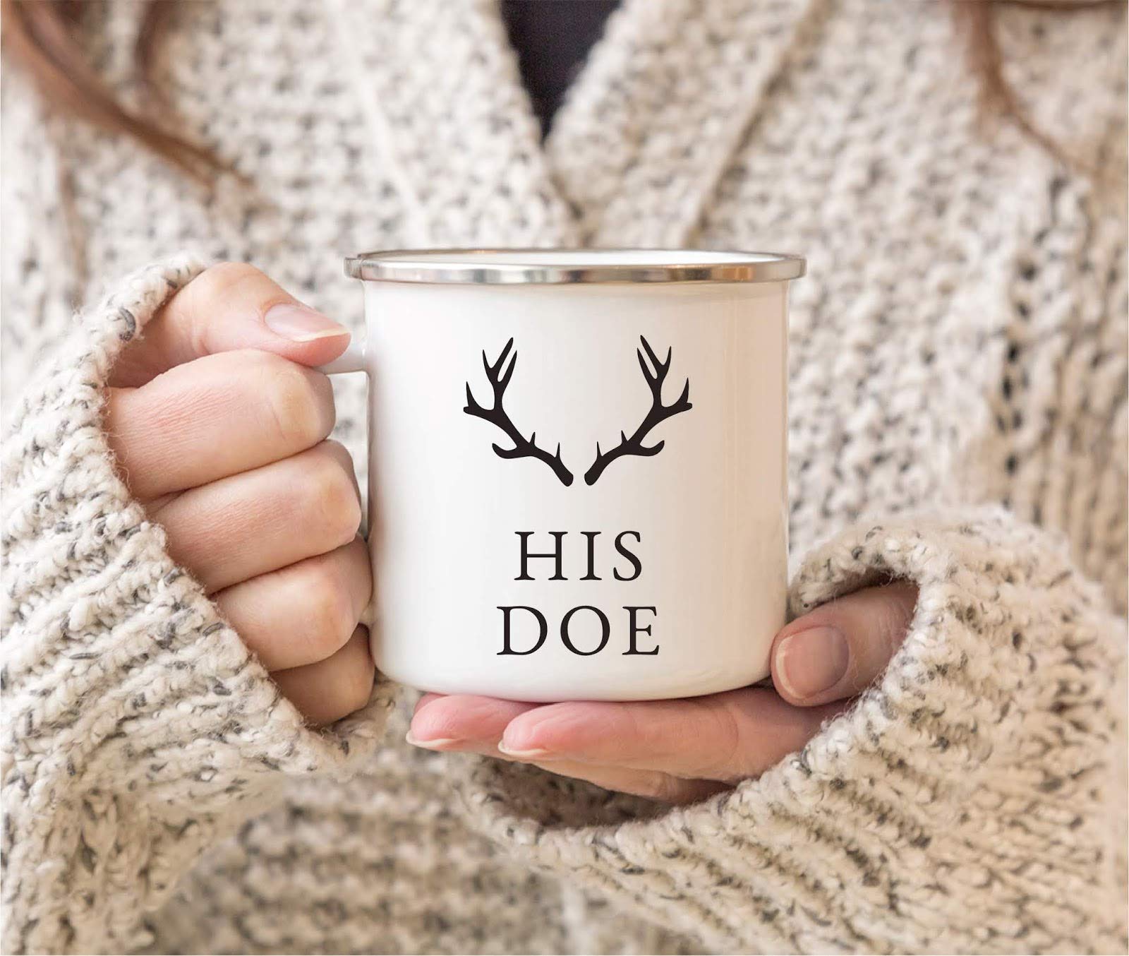 Andaz Press Stainless Steel Campfire Coffee Mugs Gift Set, His Doe, Her Buck, Deer Antlers Graphic, 2-Pack, Woodland Couple Chri