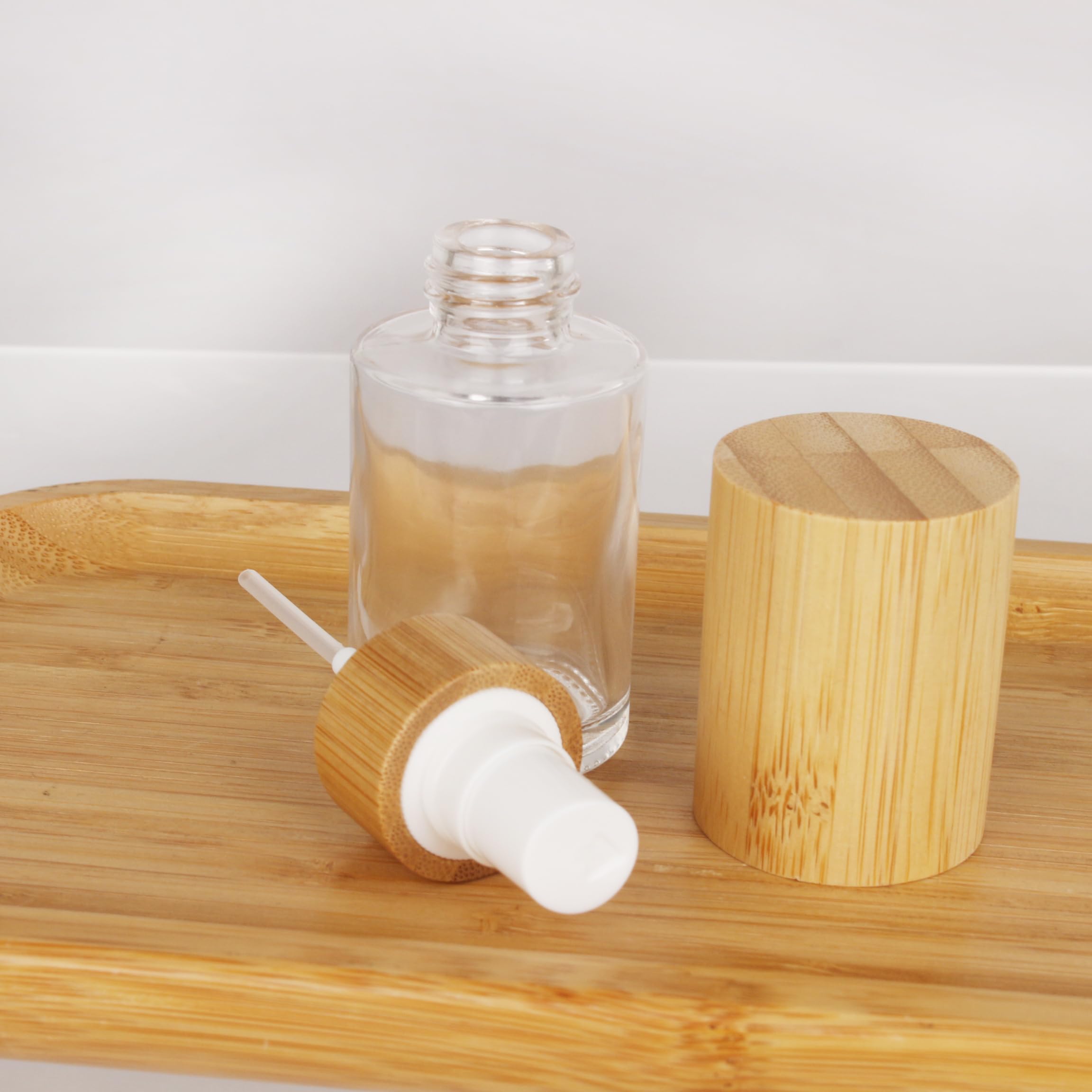 Cosidea 4 Pcs Empty 3.3Oz / 100Ml Bamboo Lid Clear Glass Spray Bottle With Fine Mist Despenser Head For Liquid Perfume Toiletrie