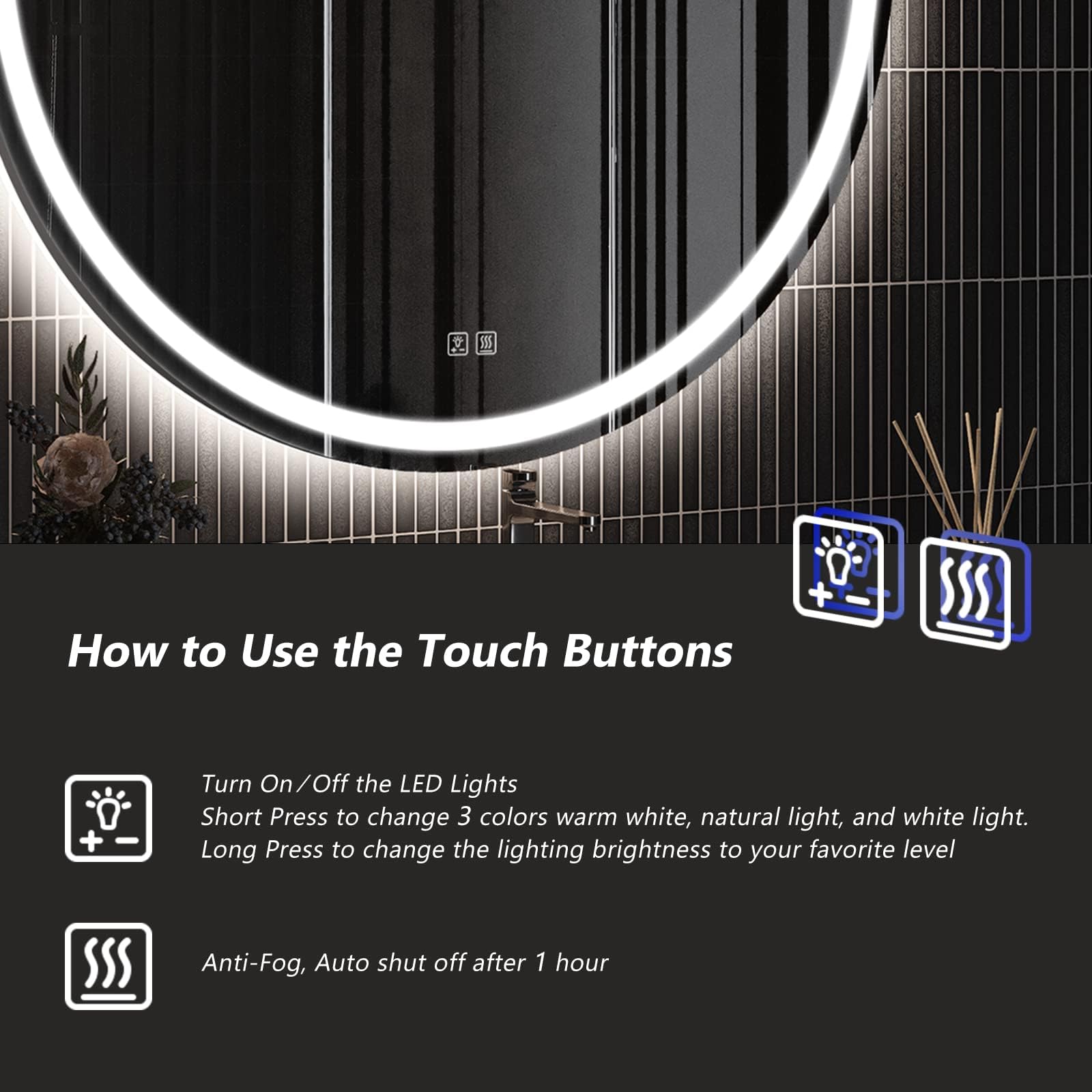 ROOMTEC 44 Inches LED Bathroom Mirror with Front and Backlit Anti-Fog 3 Colors and Dimmable Light(ETL/UL Certification)