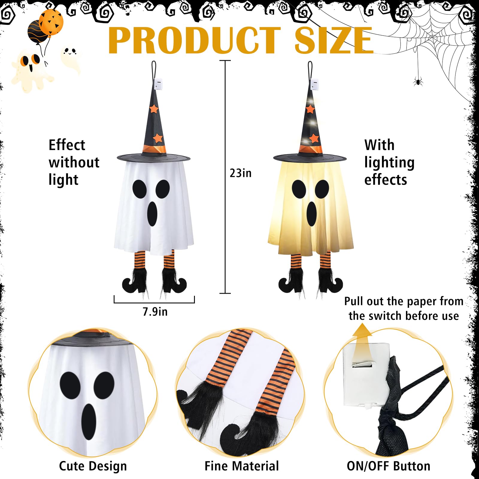 3 PCS Glowing Halloween Hanging Ghosts with Witch Hats,Halloween Outdoor Decor for Yard, Patio, Garden & Trees