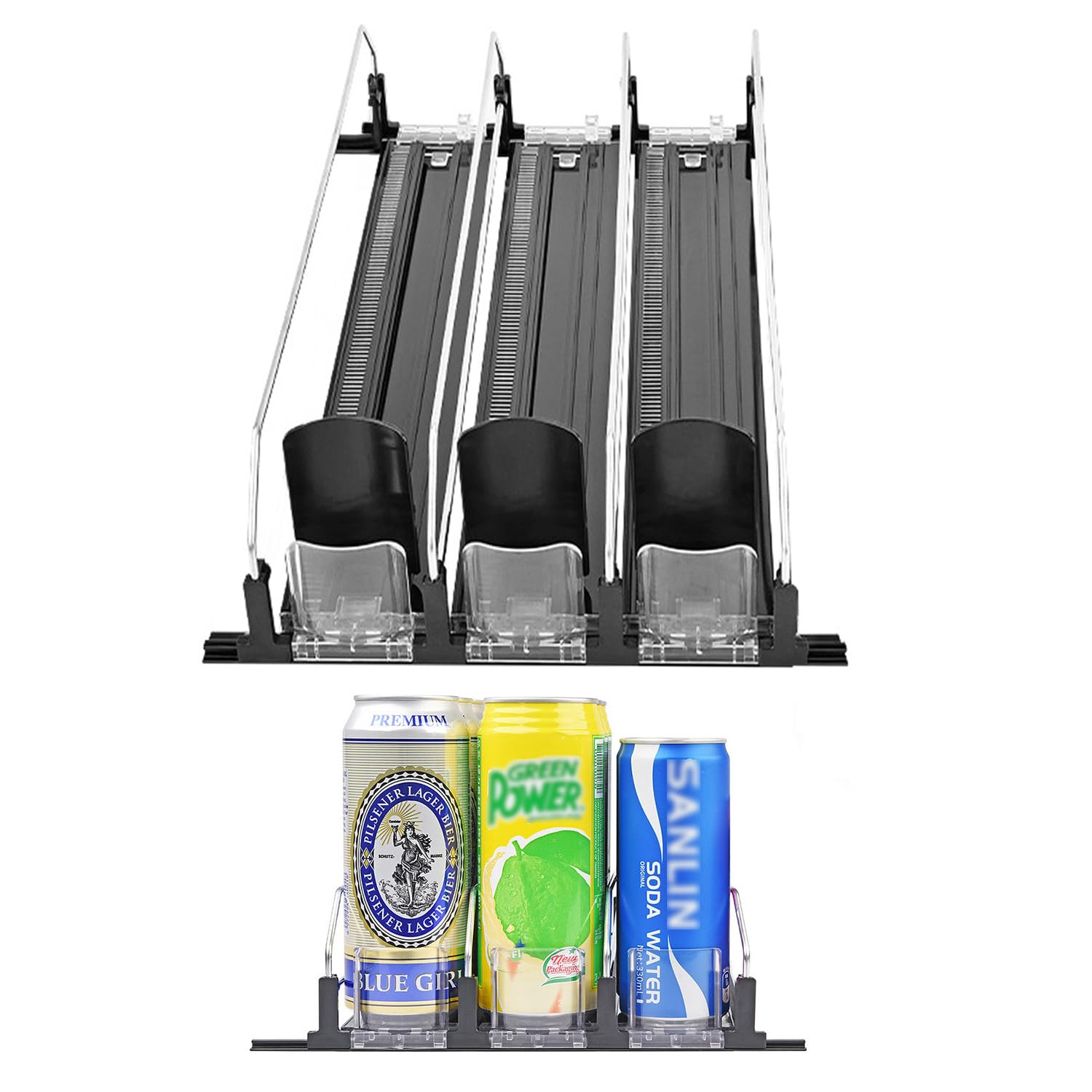 Toyuwins 15'' Black Drink Organizer For Fridge 3 Rows, Soda Can Dispenser For Refrigerator Adjustable Width, Self-Pushing Can St