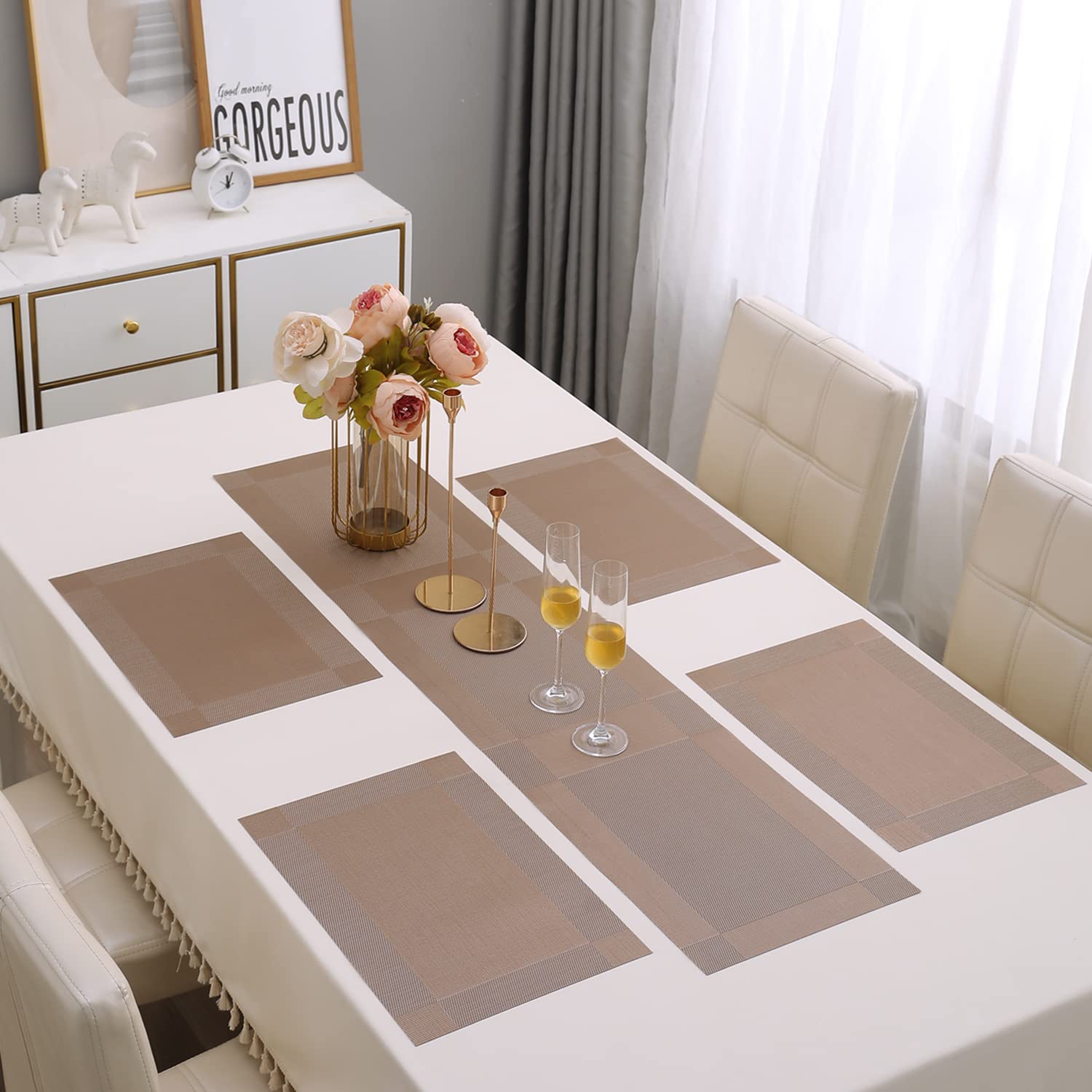 Hokipo Pvc 4 Placemats With Table Runner, Dining Table Mats, Copper