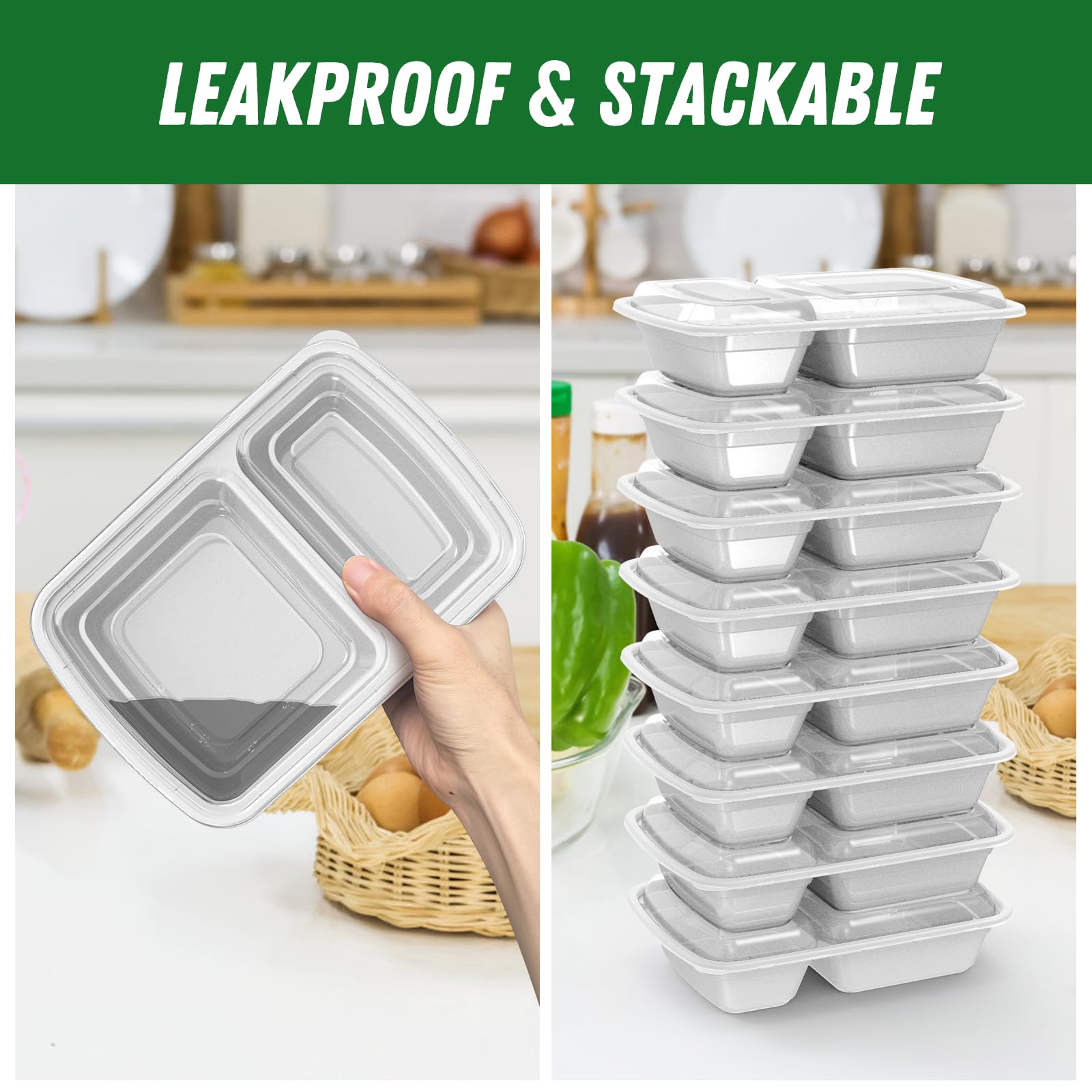 50 Pack (100-Piece) 28 Oz Meal Prep Containers Reusable With Lids 2-Compartment, Sturdy Leakproof Food Safe, Microwave Freezer D