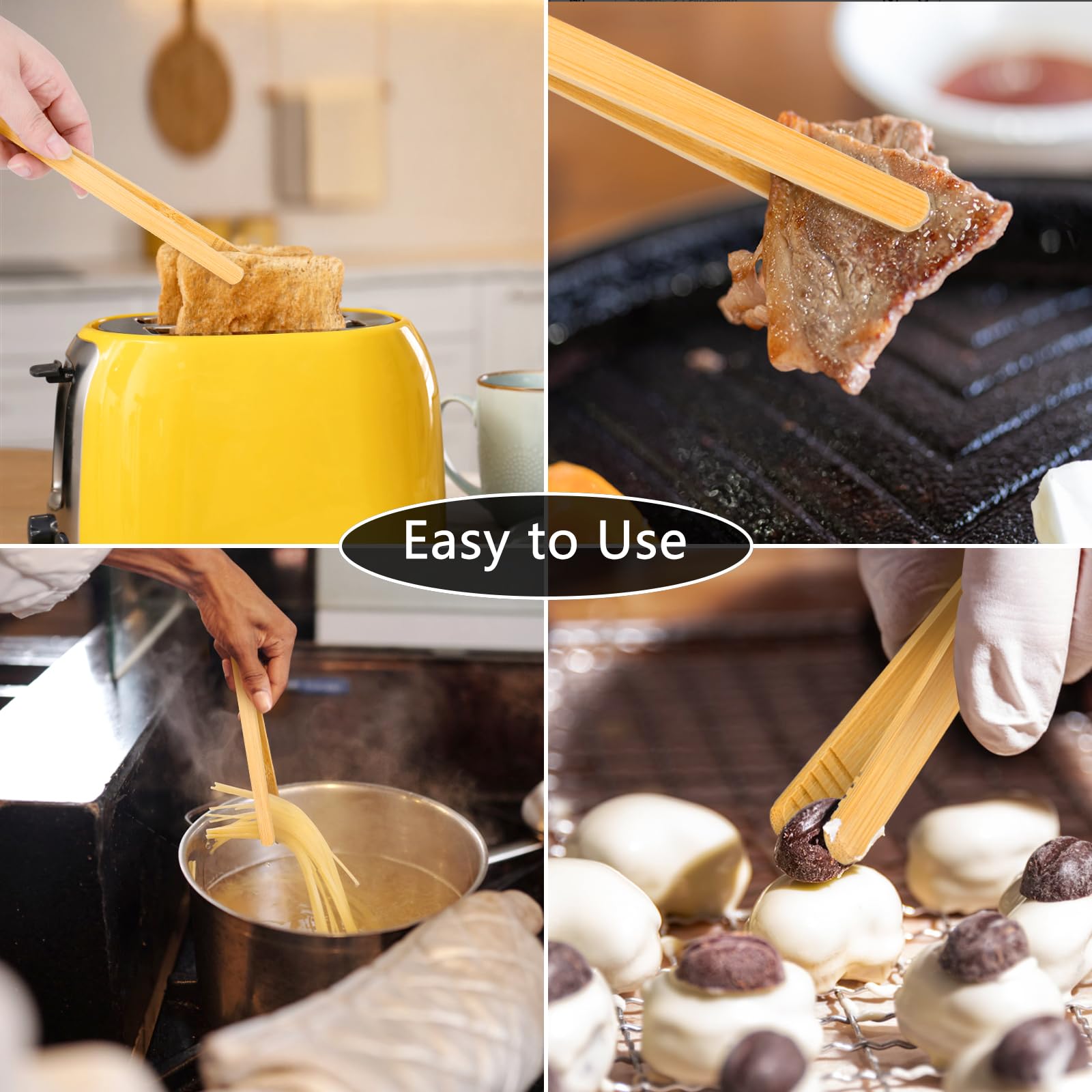Armrouns Reusable Bamboo Toast Tongs 2 Pcs, 7 Inch Wooden Toaster Tongs For Cooking & Holding, Nature Wooden Kitchen Utensil For